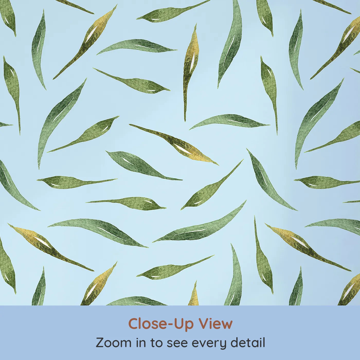 Close-up view of Whimsy Tots' Whimsy Leaf Scatter Wallpaper in Sky (W3271E).Delicate green leaves float across a fresh sky-blue breeze.