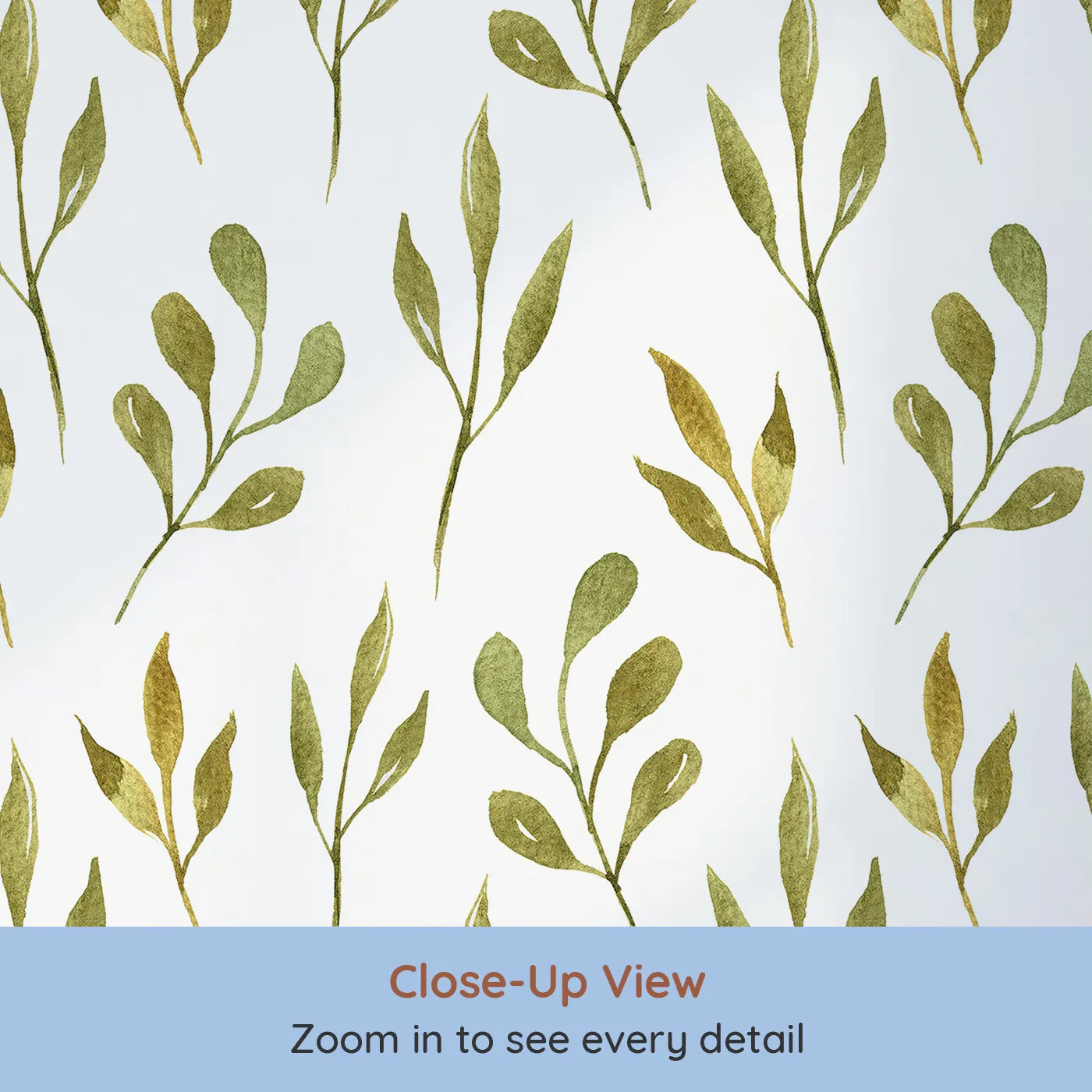 Close-up view of Whimsy Tots' Whimsy Leaf Branch Wallpaper in White (W3272A).Botanical branches bloom softly across a bright, airy sky.
