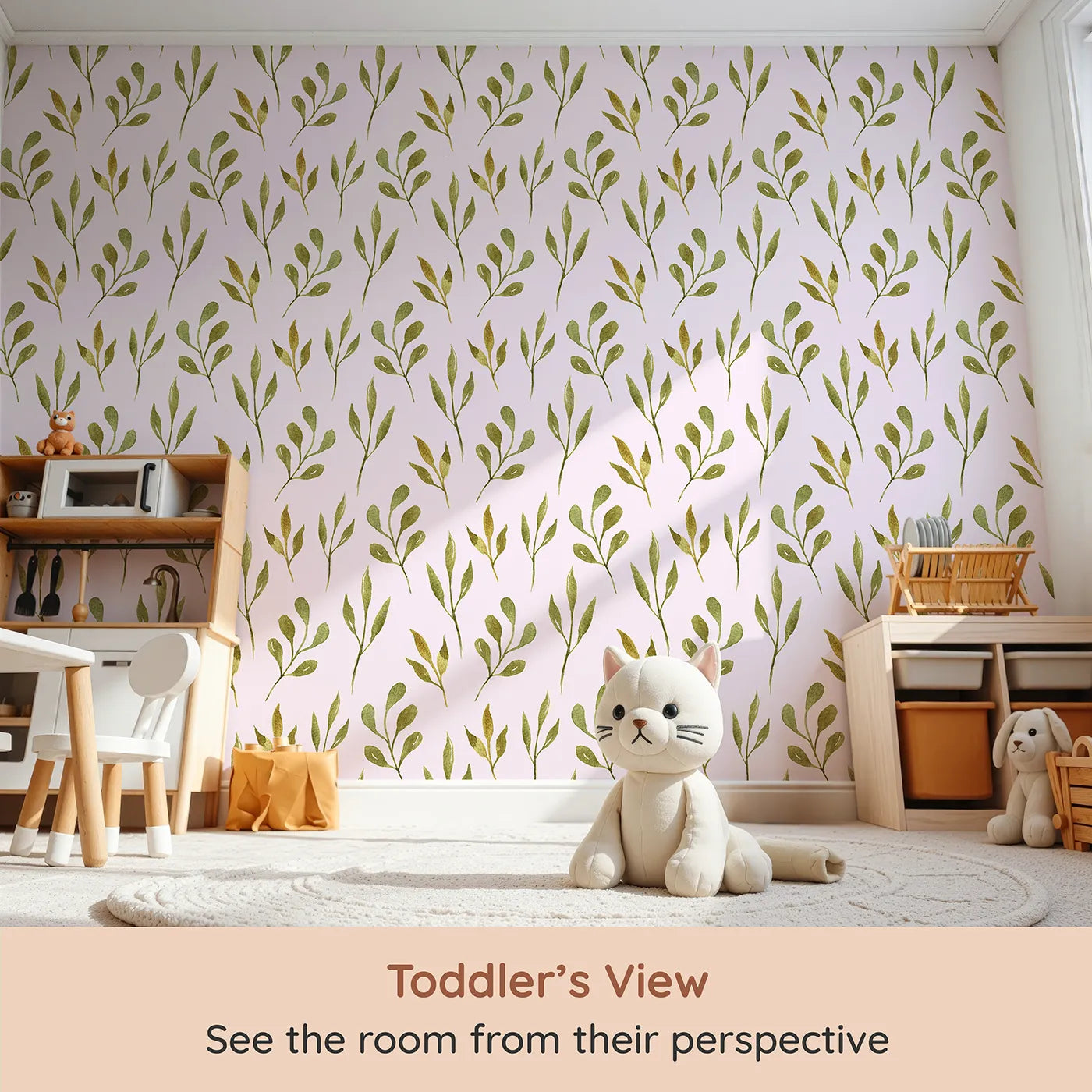 Whimsy Tots Whimsy Leaf Branch Wallpaper in Blush Pink (W3272B) from your child's view.Elegant leafy branches sway gently over a soft blush breeze.