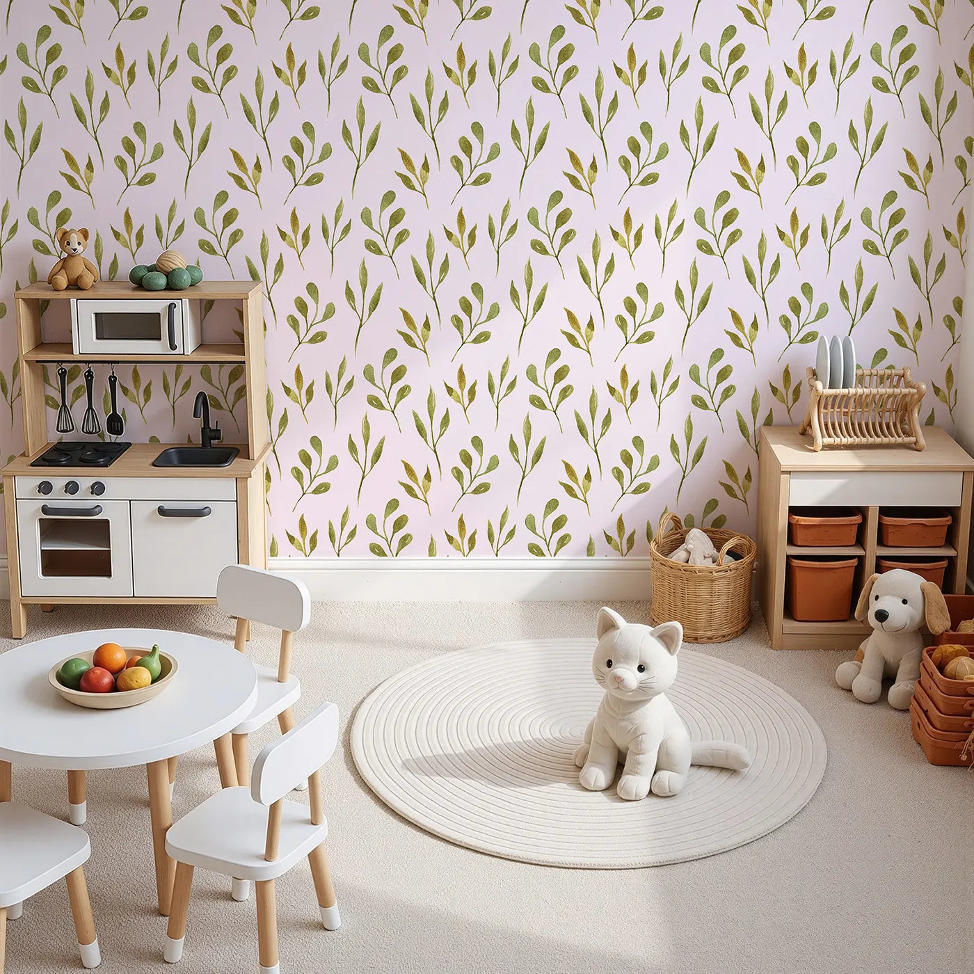 Top-Down view of Whimsy Tots' Whimsy Leaf Branch Wallpaper in Blush Pink (W3272B).Elegant leafy branches sway gently over a soft blush breeze.