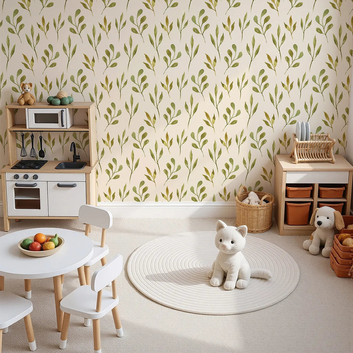 Top-Down view of Whimsy Tots' Whimsy Leaf Branch Wallpaper in Cream (W3272C).Watercolor leaves bloom softly across a warm, cozy cream sky.