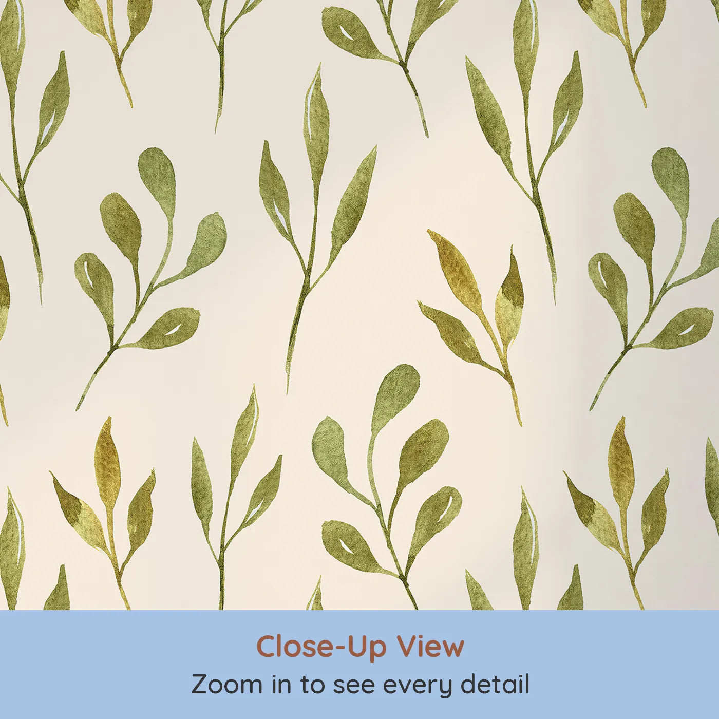 Close-up view of Whimsy Tots' Whimsy Leaf Branch Wallpaper in Cream (W3272C).Watercolor leaves bloom softly across a warm, cozy cream sky.