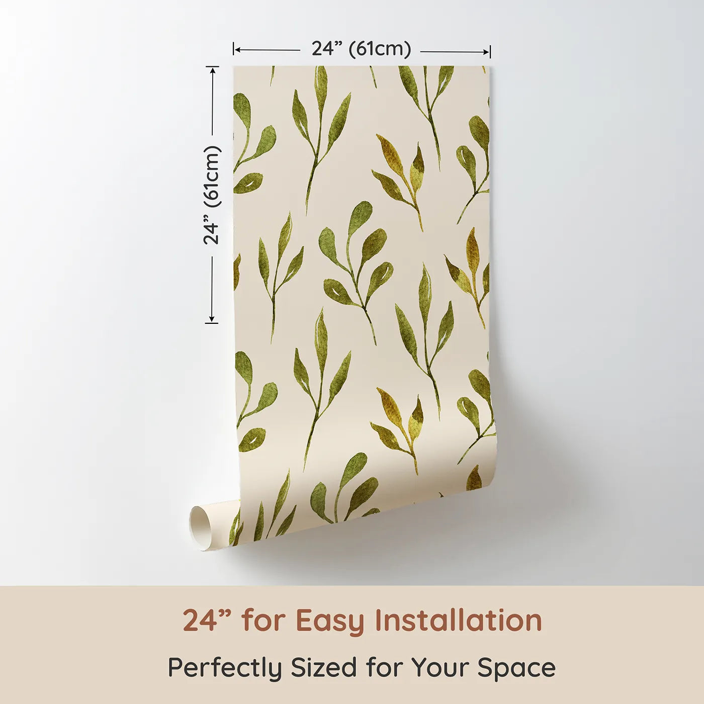 Dimension view of Whimsy Tots Whimsy Leaf Branch Wallpaper in Cream (W3272C). Printed in 24-inch-wide panel for easy installation. Watercolor leaves bloom softly across a warm, cozy cream sky.