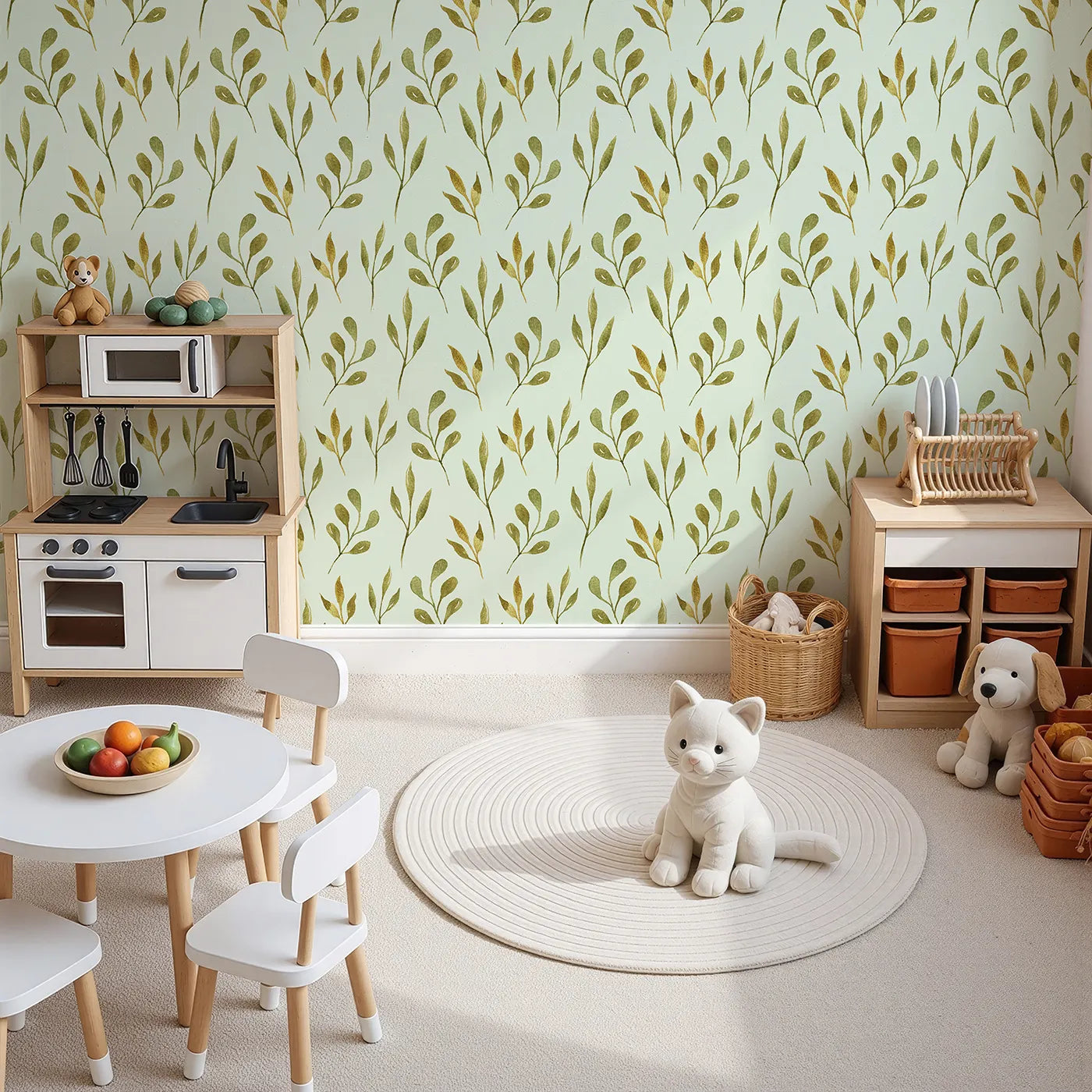 Top-Down view of Whimsy Tots' Whimsy Leaf Branch Wallpaper in Mint Green (W3272D).Golden-green branches sway over a cool mint sky with ease.