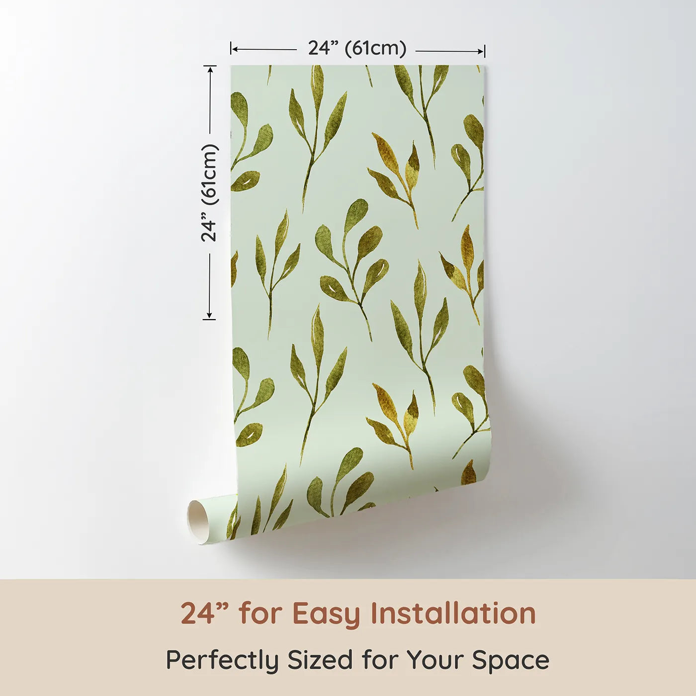 Dimension view of Whimsy Tots Whimsy Leaf Branch Wallpaper in Mint Green (W3272D). Printed in 24-inch-wide panel for easy installation. Golden-green branches sway over a cool mint sky with ease.