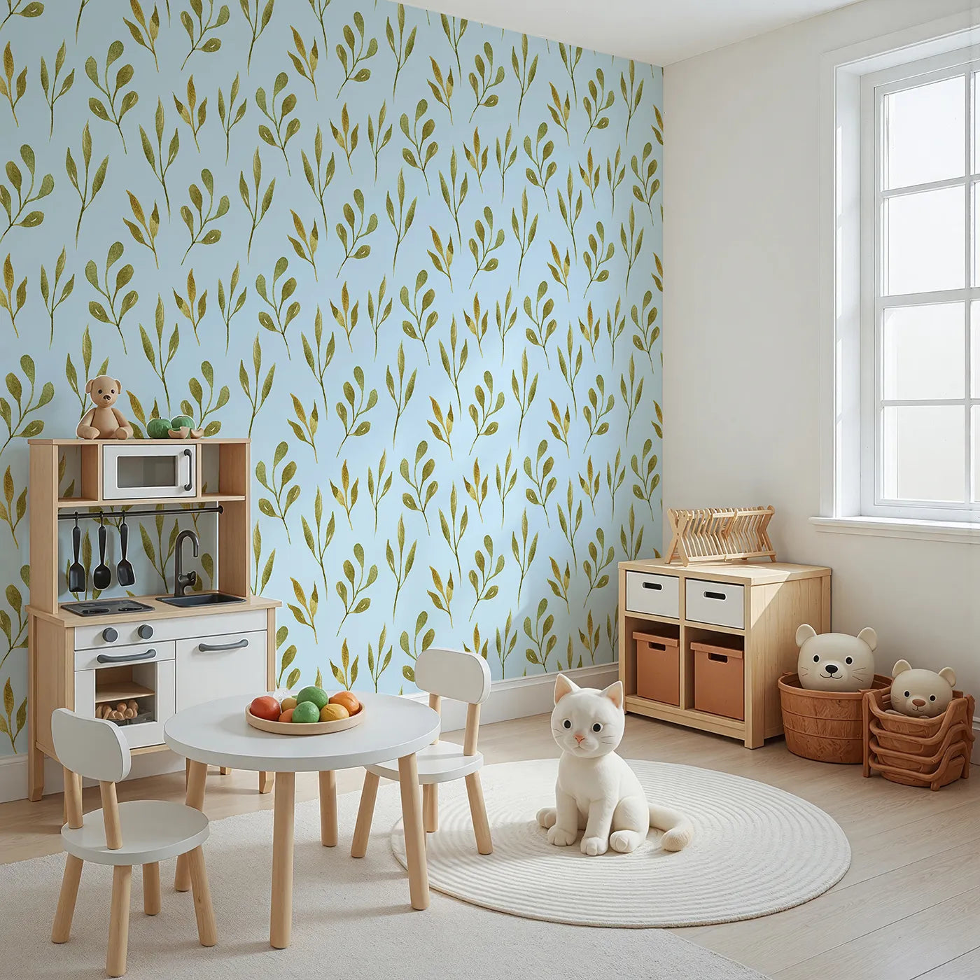 Angled view of Whimsy Tots' Whimsy Leaf Branch Wallpaper in Sky (W3272E).Golden-green branches sway peacefully over a soft sky-blue breeze.
