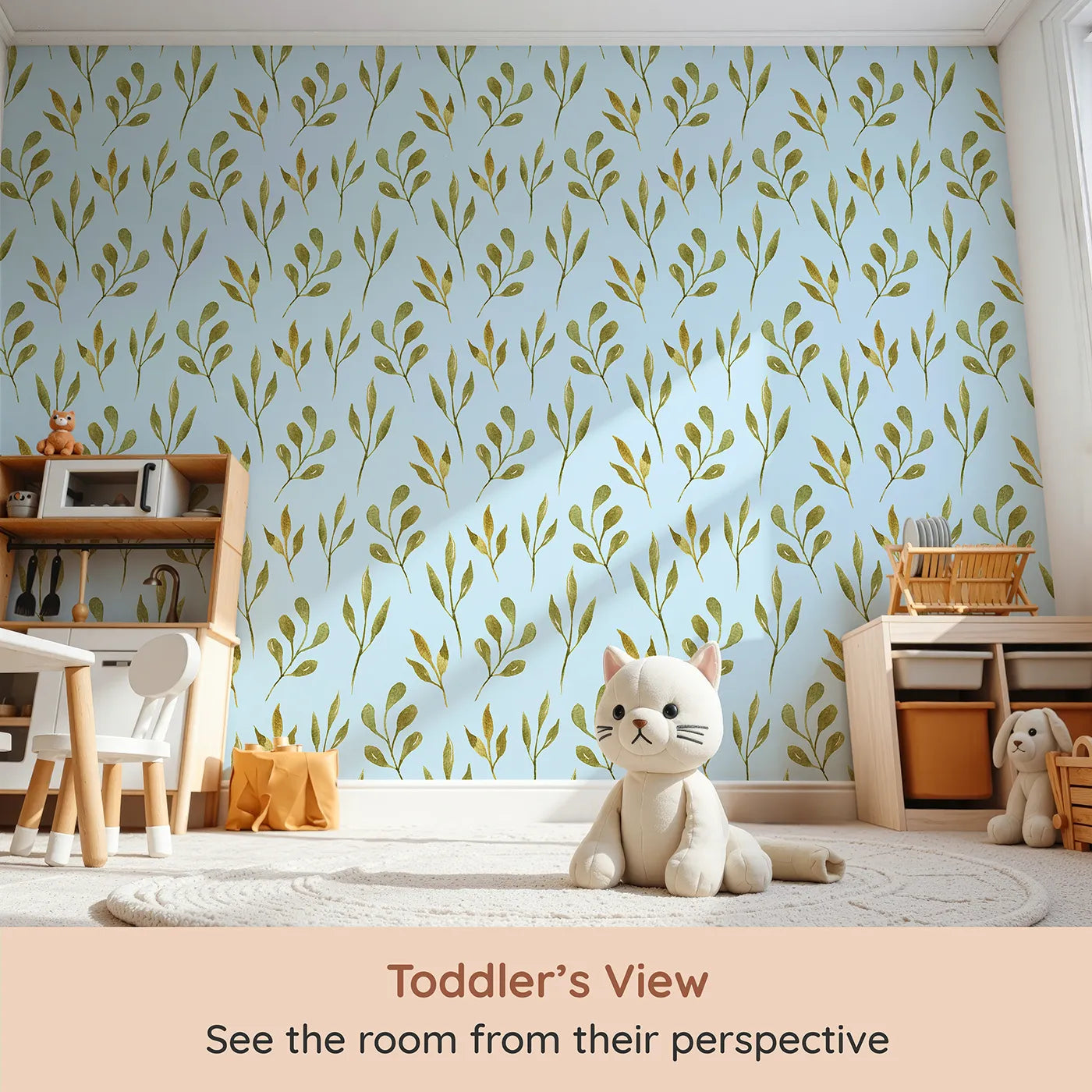 Whimsy Tots Whimsy Leaf Branch Wallpaper in Sky (W3272E) from your child's view.Golden-green branches sway peacefully over a soft sky-blue breeze.