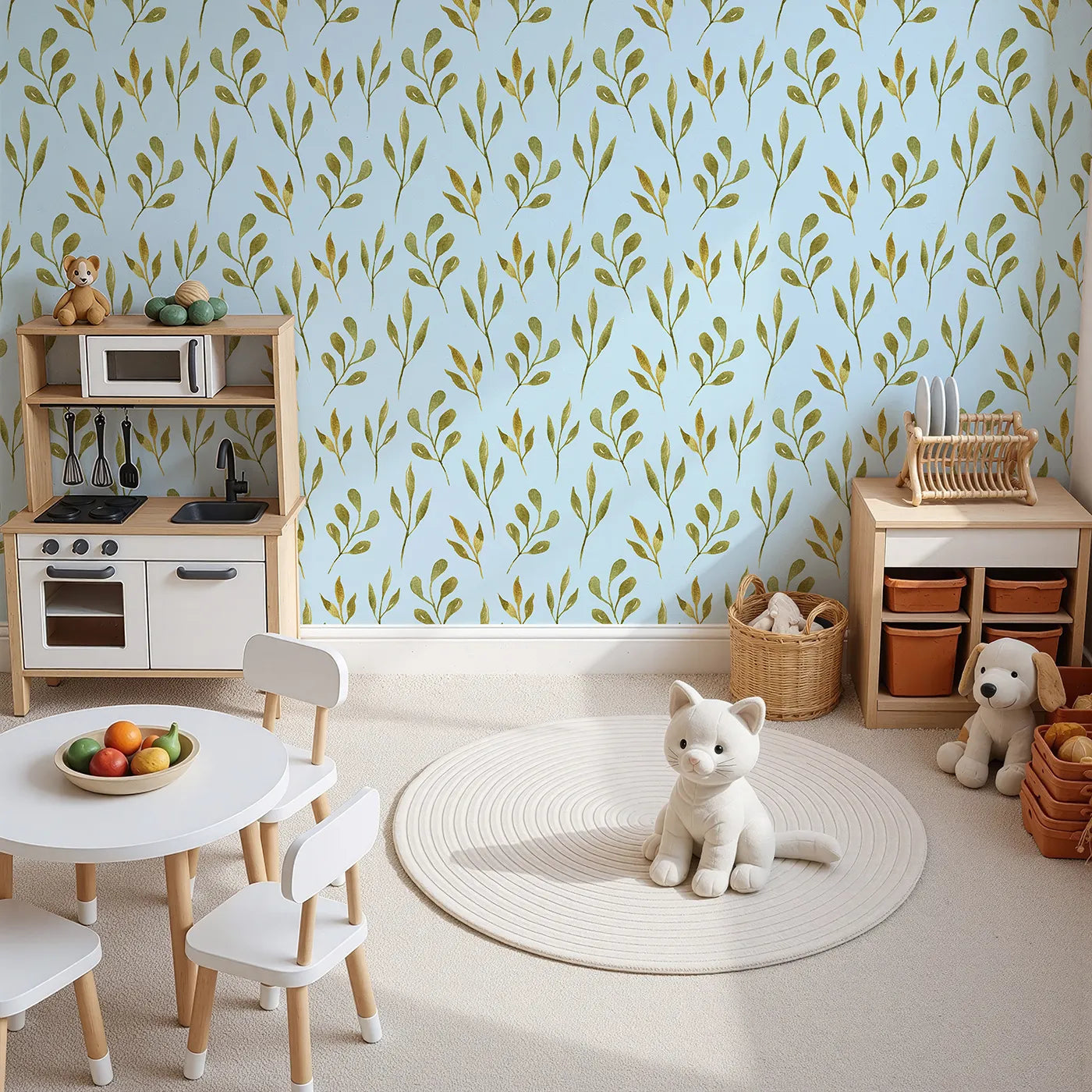 Top-Down view of Whimsy Tots' Whimsy Leaf Branch Wallpaper in Sky (W3272E).Golden-green branches sway peacefully over a soft sky-blue breeze.