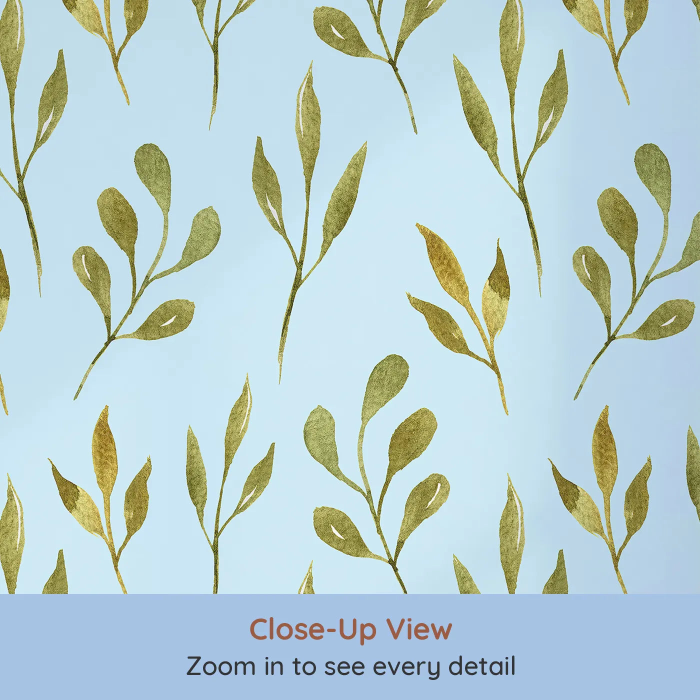 Close-up view of Whimsy Tots' Whimsy Leaf Branch Wallpaper in Sky (W3272E).Golden-green branches sway peacefully over a soft sky-blue breeze.