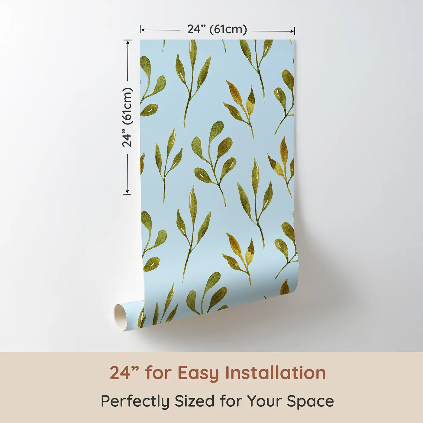 Dimension view of Whimsy Tots Whimsy Leaf Branch Wallpaper in Sky (W3272E). Printed in 24-inch-wide panel for easy installation. Golden-green branches sway peacefully over a soft sky-blue breeze.
