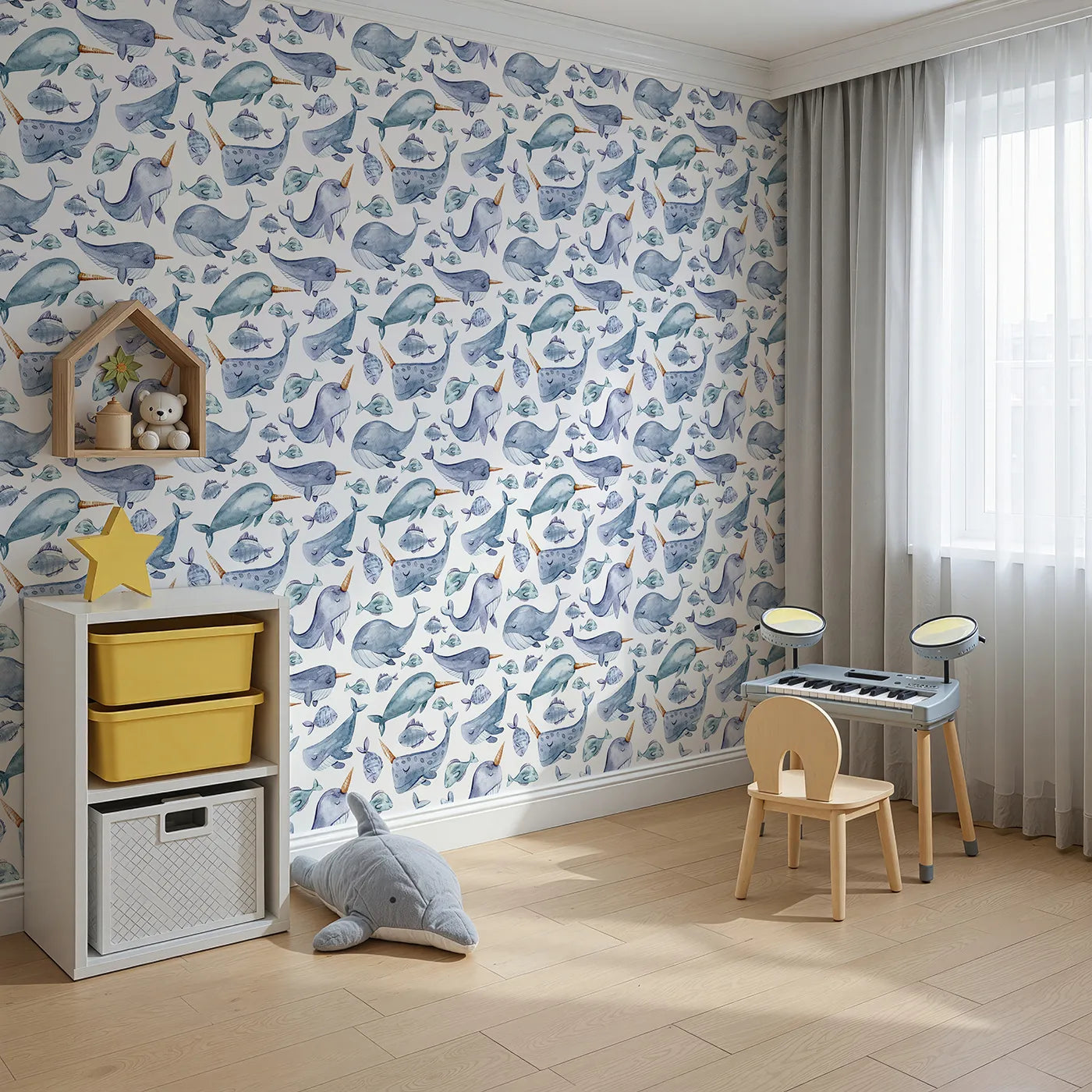 Angled view of Whimsy Tots' Sleepy Ocean Friends Wallpaper in White (W3274A).Whales, narwhals, and sleepy fish float gently through peaceful seas.