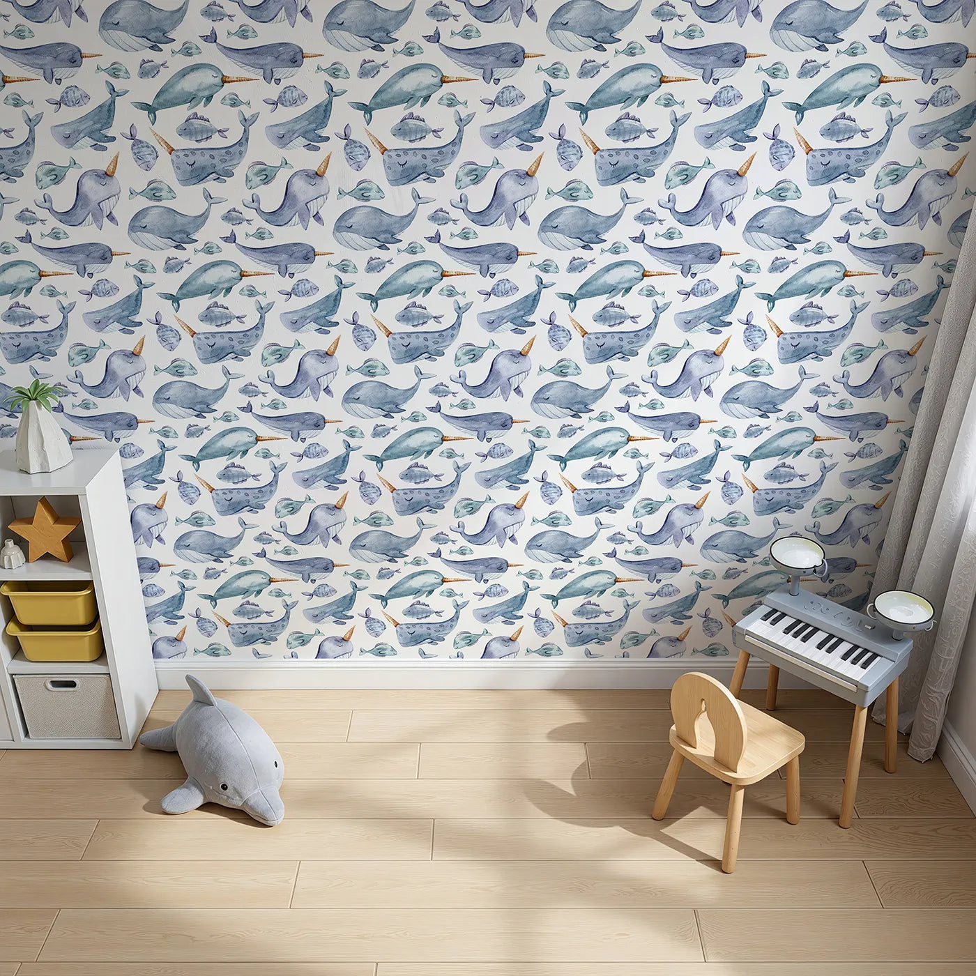 Top-Down view of Whimsy Tots' Sleepy Ocean Friends Wallpaper in White (W3274A).Whales, narwhals, and sleepy fish float gently through peaceful seas.