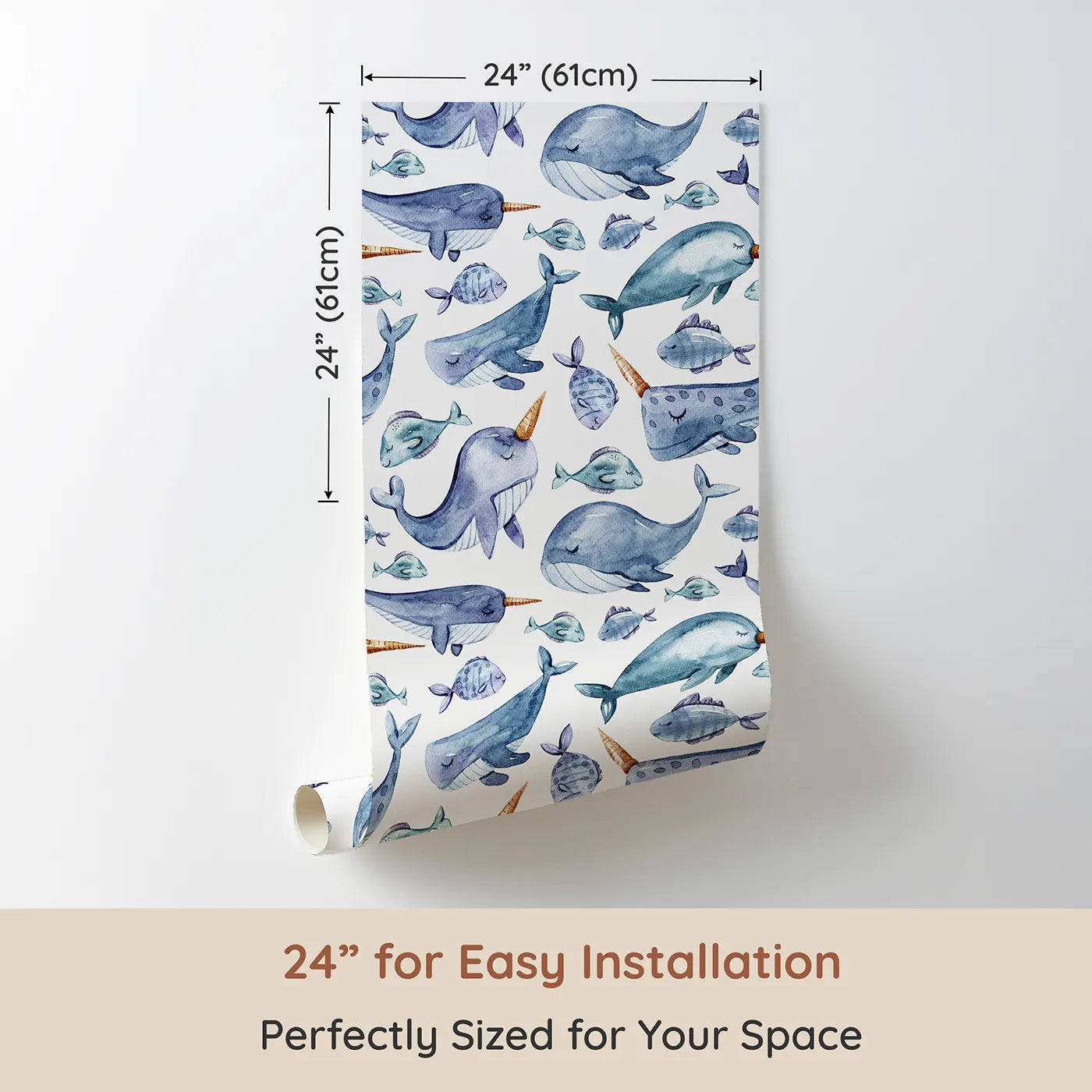Dimension view of Whimsy Tots Sleepy Ocean Friends Wallpaper in White (W3274A). Printed in 24-inch-wide panel for easy installation. Whales, narwhals, and sleepy fish float gently through peaceful seas.