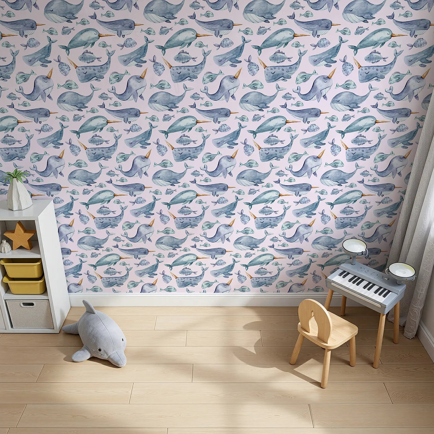 Top-Down view of Whimsy Tots' Sleepy Ocean Friends Wallpaper in Blush Pink (W3274B).Whales and narwhals rest gently across a soft blush tide.