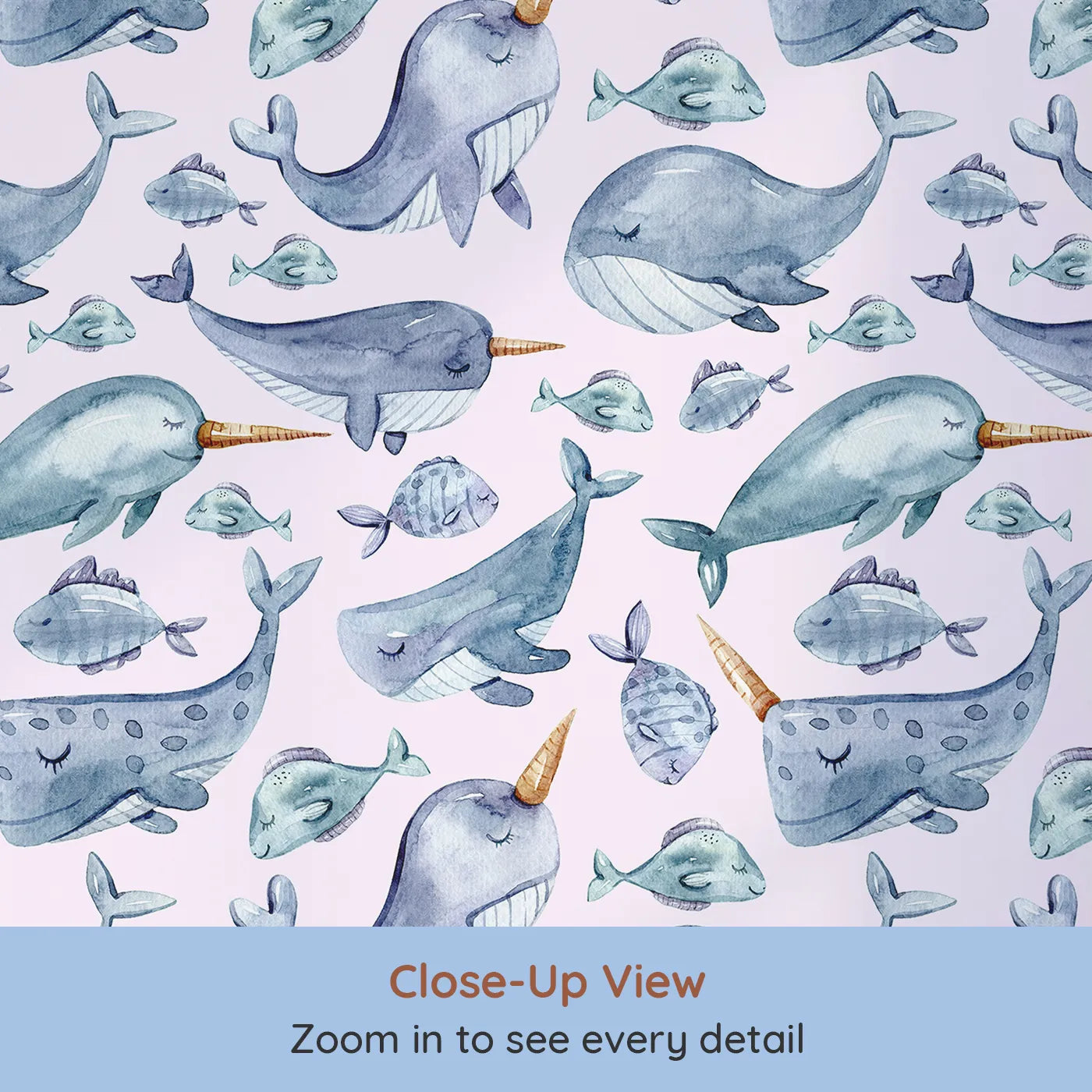Close-up view of Whimsy Tots' Sleepy Ocean Friends Wallpaper in Blush Pink (W3274B).Whales and narwhals rest gently across a soft blush tide.