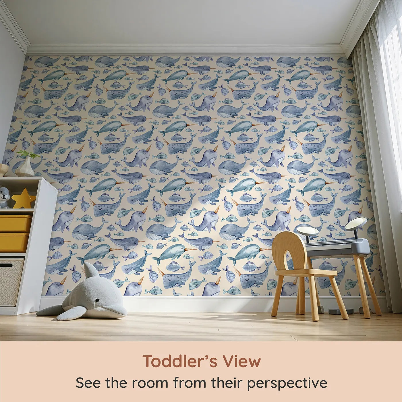 Whimsy Tots Sleepy Ocean Friends Wallpaper in Cream (W3274C) from your child's view.Ocean friends drift softly across a warm, creamy sea.