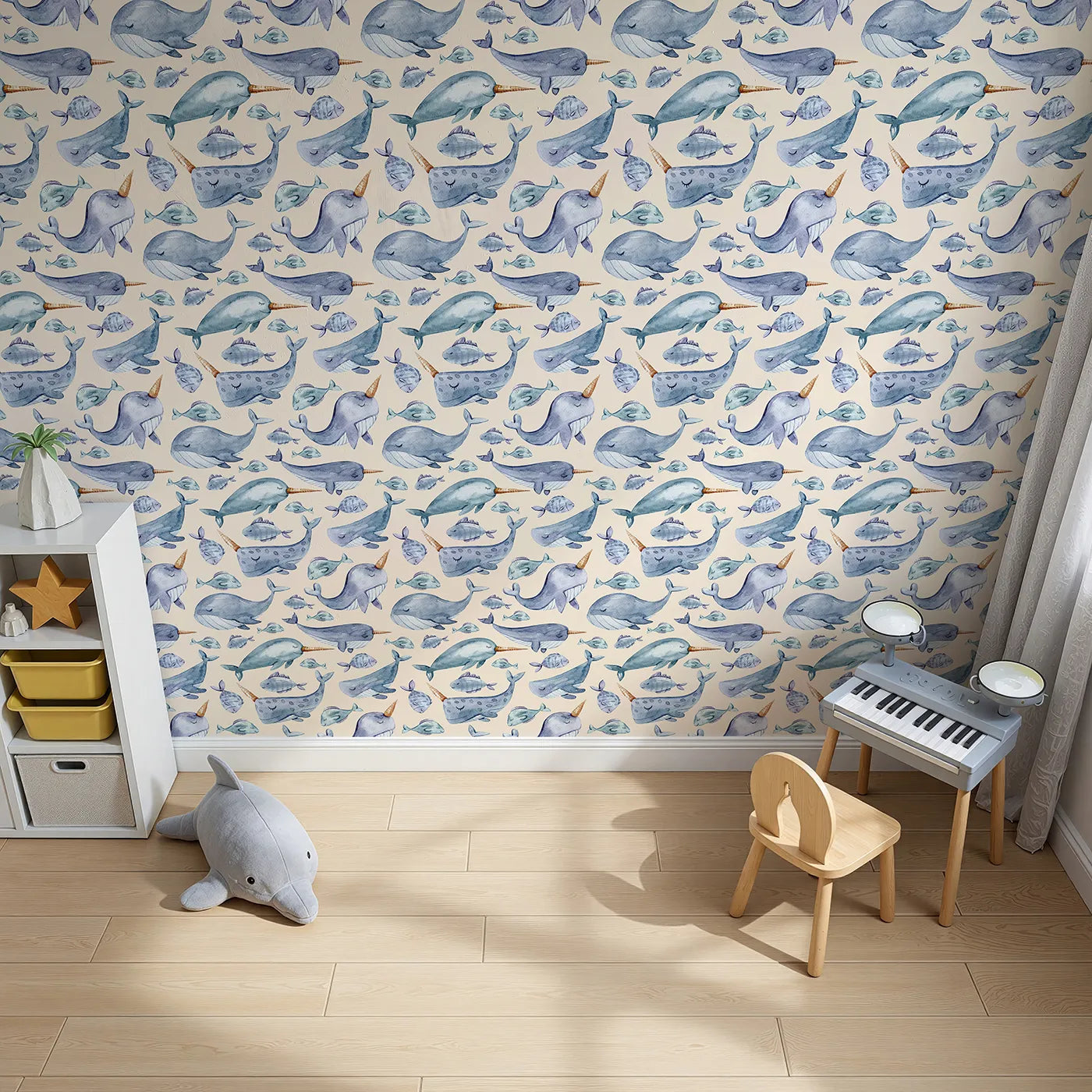 Top-Down view of Whimsy Tots' Sleepy Ocean Friends Wallpaper in Cream (W3274C).Ocean friends drift softly across a warm, creamy sea.