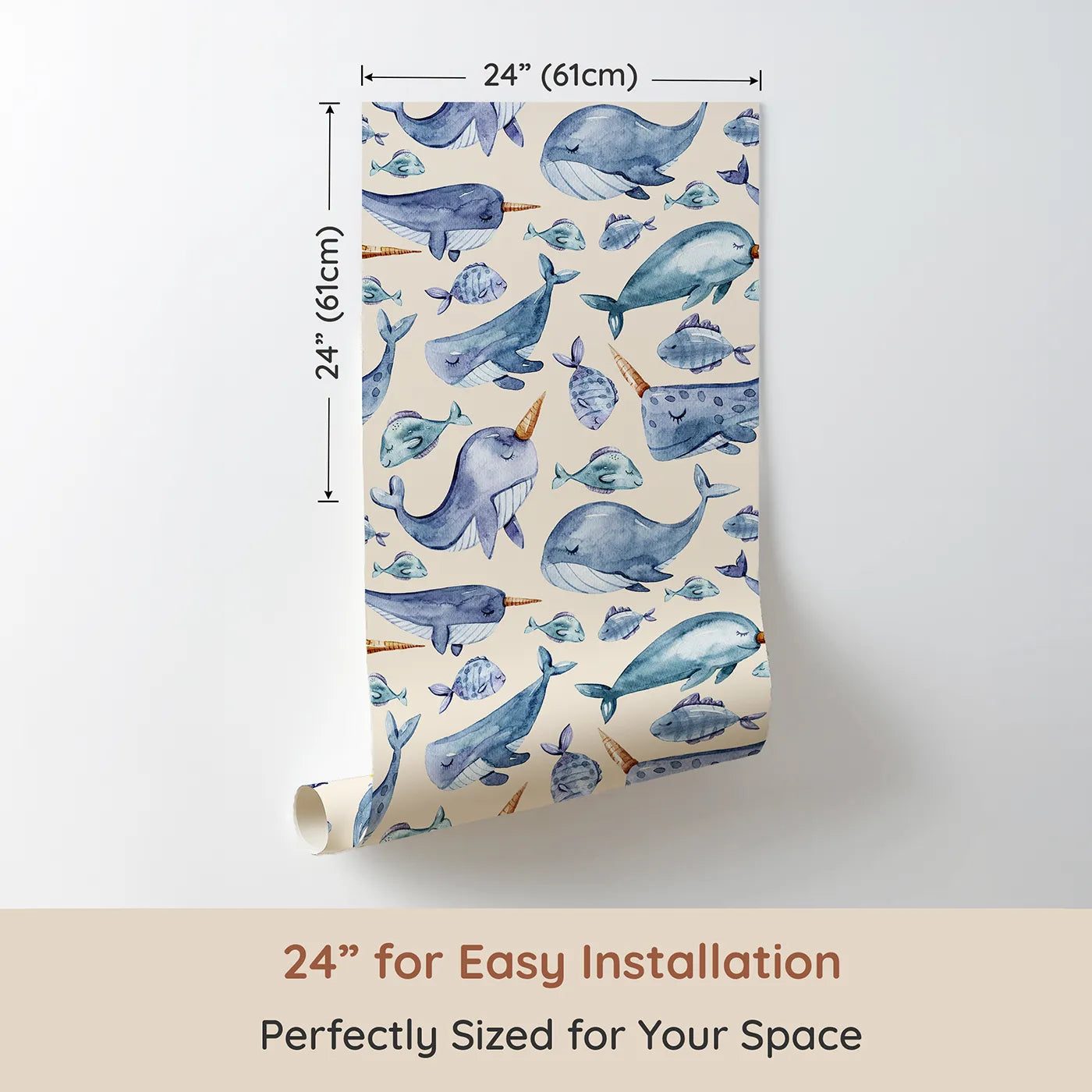 Dimension view of Whimsy Tots Sleepy Ocean Friends Wallpaper in Cream (W3274C). Printed in 24-inch-wide panel for easy installation. Ocean friends drift softly across a warm, creamy sea.