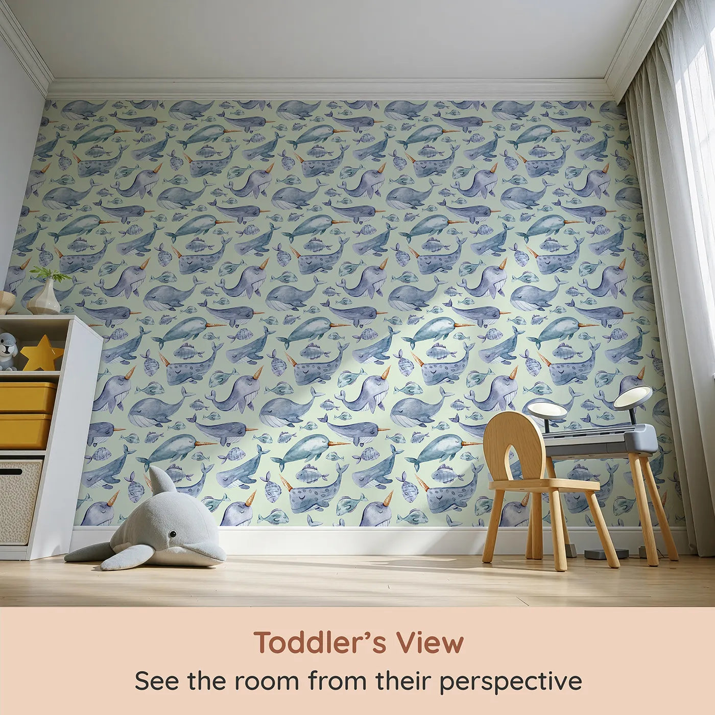 Whimsy Tots Sleepy Ocean Friends Wallpaper in Mint Green (W3274D) from your child's view.Peaceful narwhals and sleepy whales float across a minty dreamscape.