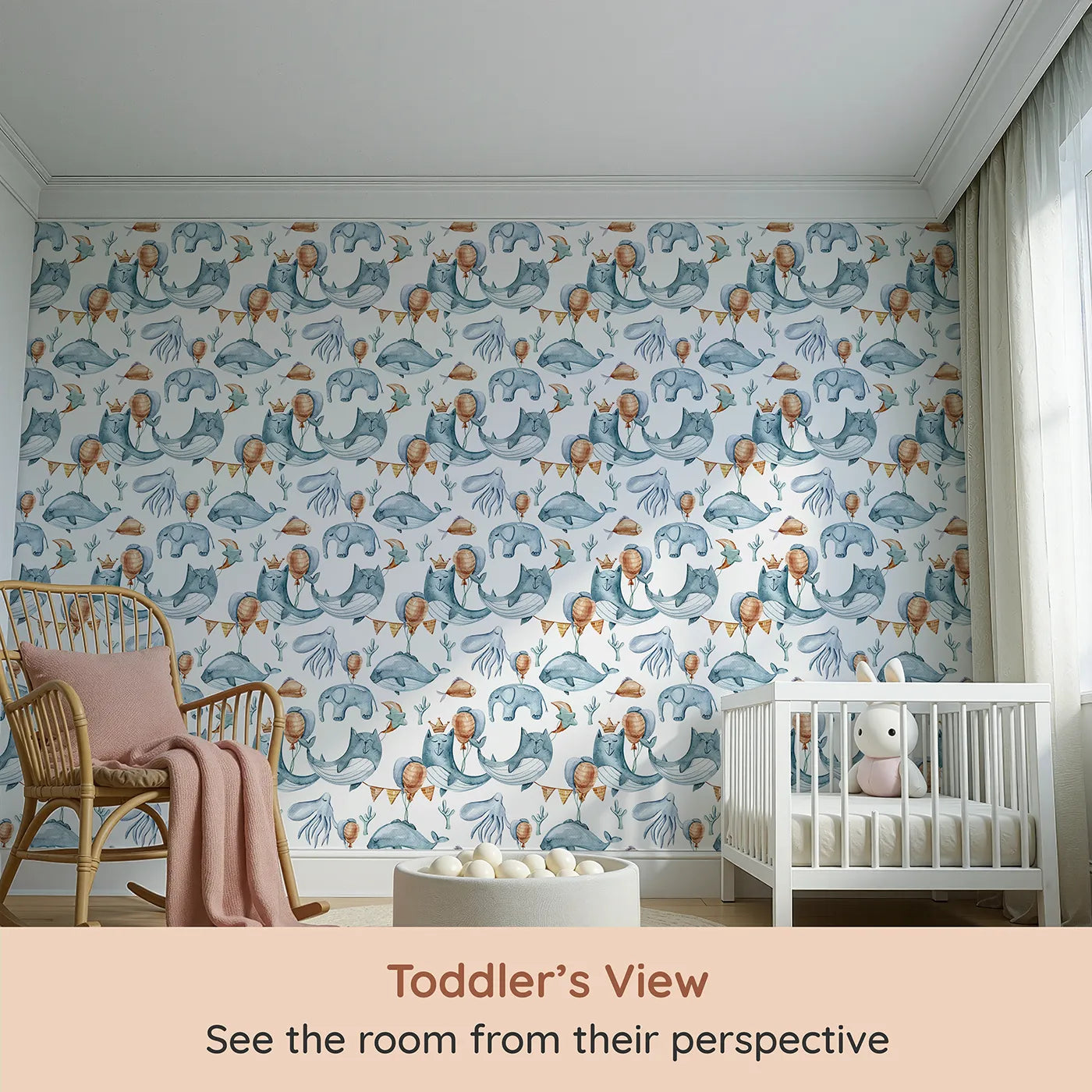 Whimsy Tots Whale Balloon Parade Wallpaper in White (W3276A) from your child's view.Smiling whales and sea creatures rise with balloons in a sky of celebration.