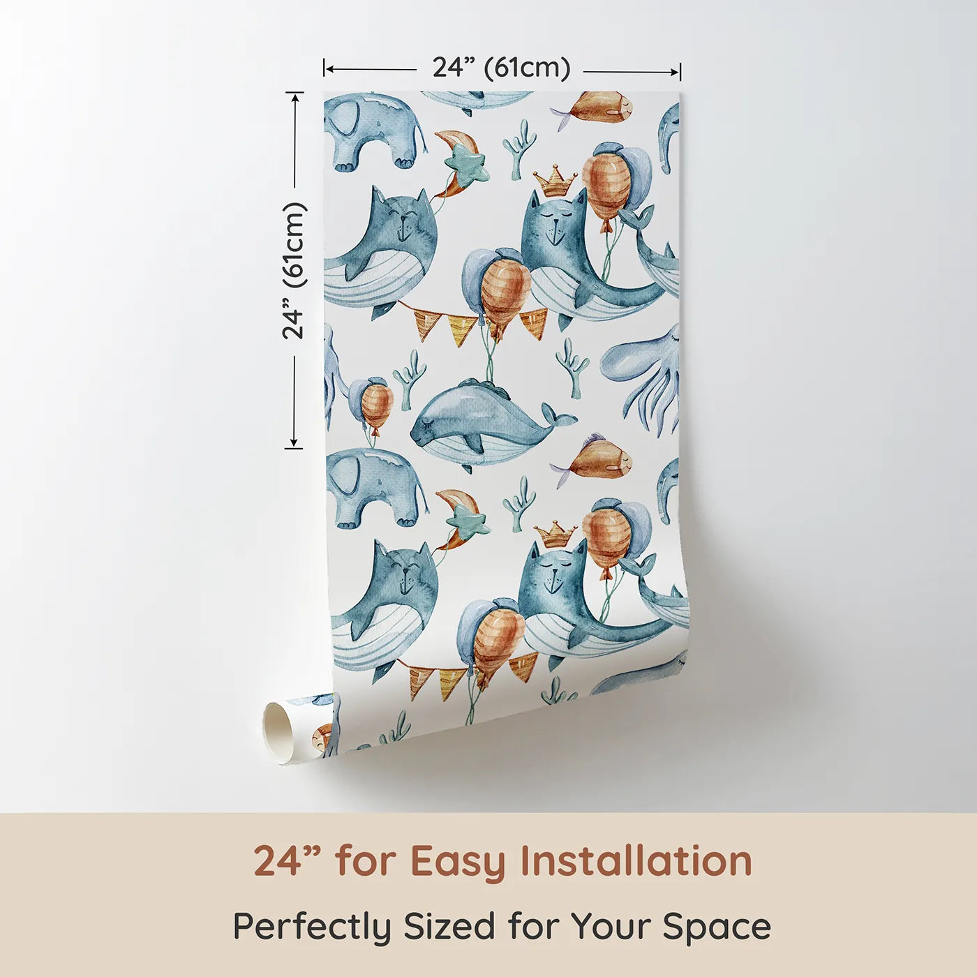 Dimension view of Whimsy Tots Whale Balloon Parade Wallpaper in White (W3276A). Printed in 24-inch-wide panel for easy installation. Smiling whales and sea creatures rise with balloons in a sky of celebration.