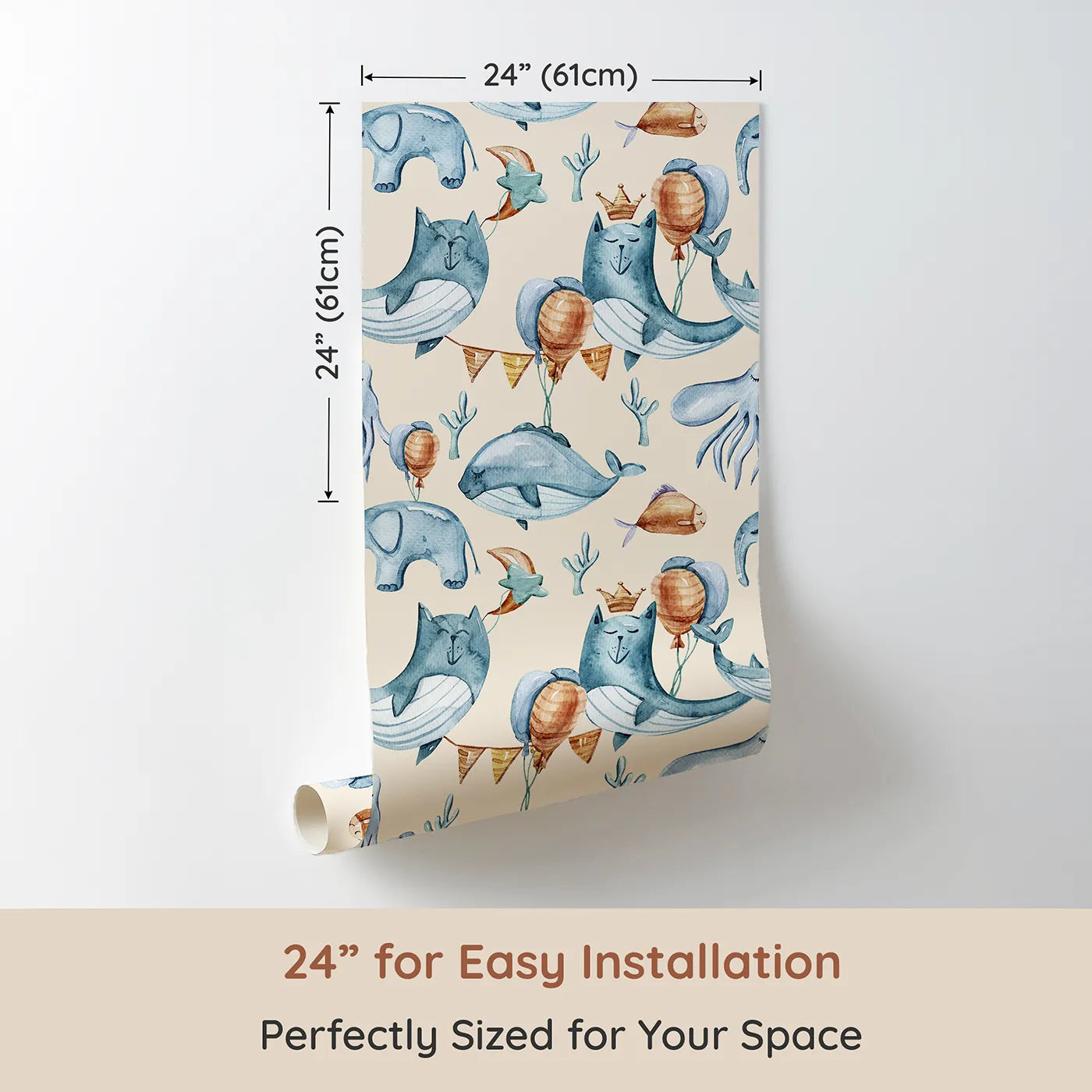 Dimension view of Whimsy Tots Whale Balloon Parade Wallpaper in Cream (W3276C). Printed in 24-inch-wide panel for easy installation. Let whales float and balloons rise in a gentle sea of celebration.
