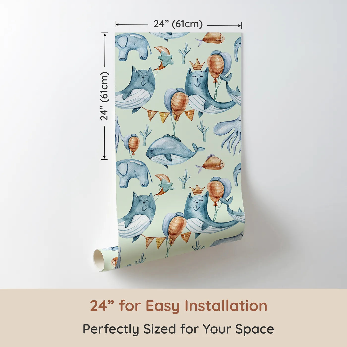 Dimension view of Whimsy Tots Whale Balloon Parade Wallpaper in Mint Green (W3276D). Printed in 24-inch-wide panel for easy installation. Whimsical whales and sea creatures float skyward through minty seas.