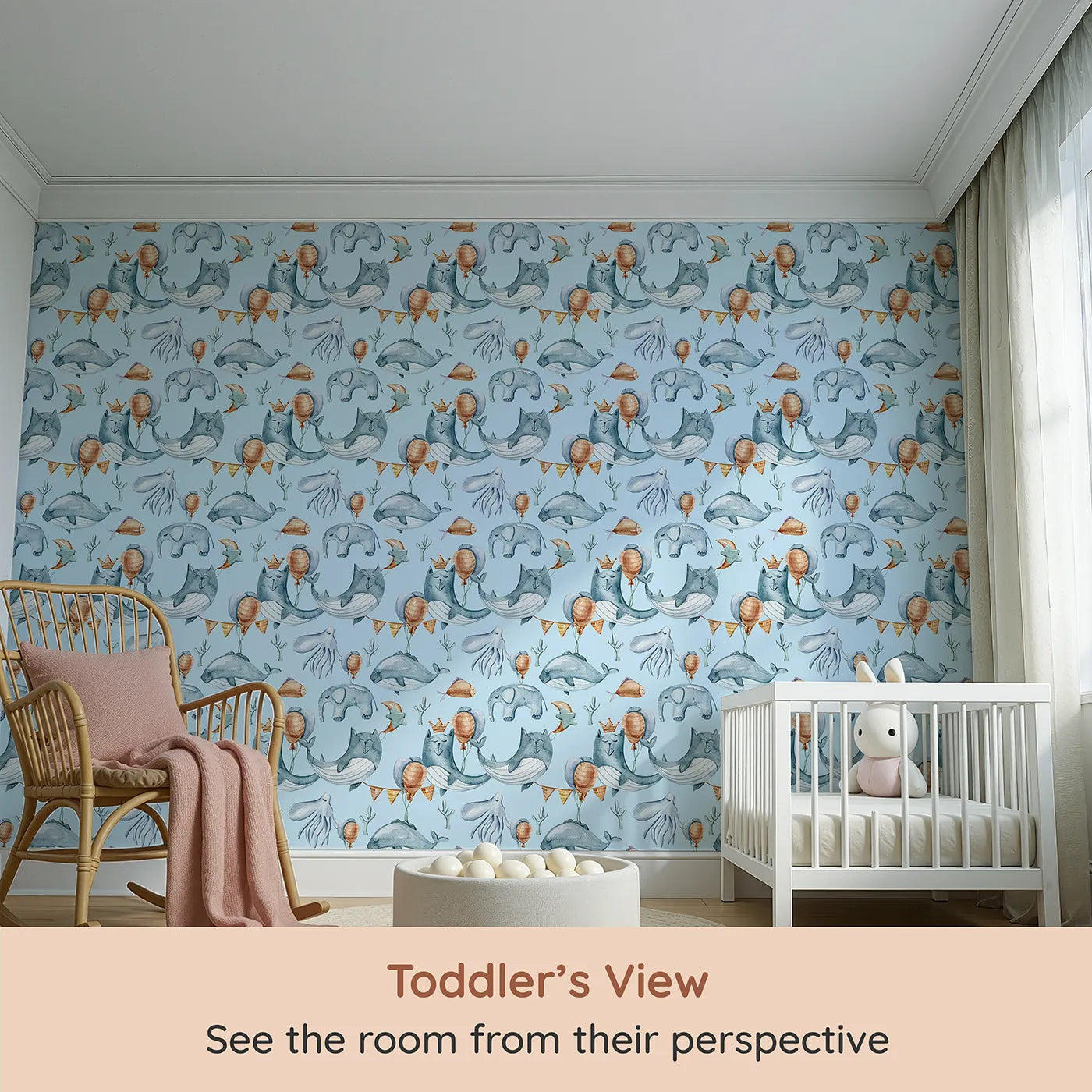 Whimsy Tots Whale Balloon Parade Wallpaper in Sky Blue (W3276E) from your child's view.Joyful whales float with balloons across a peaceful sky blue sea.