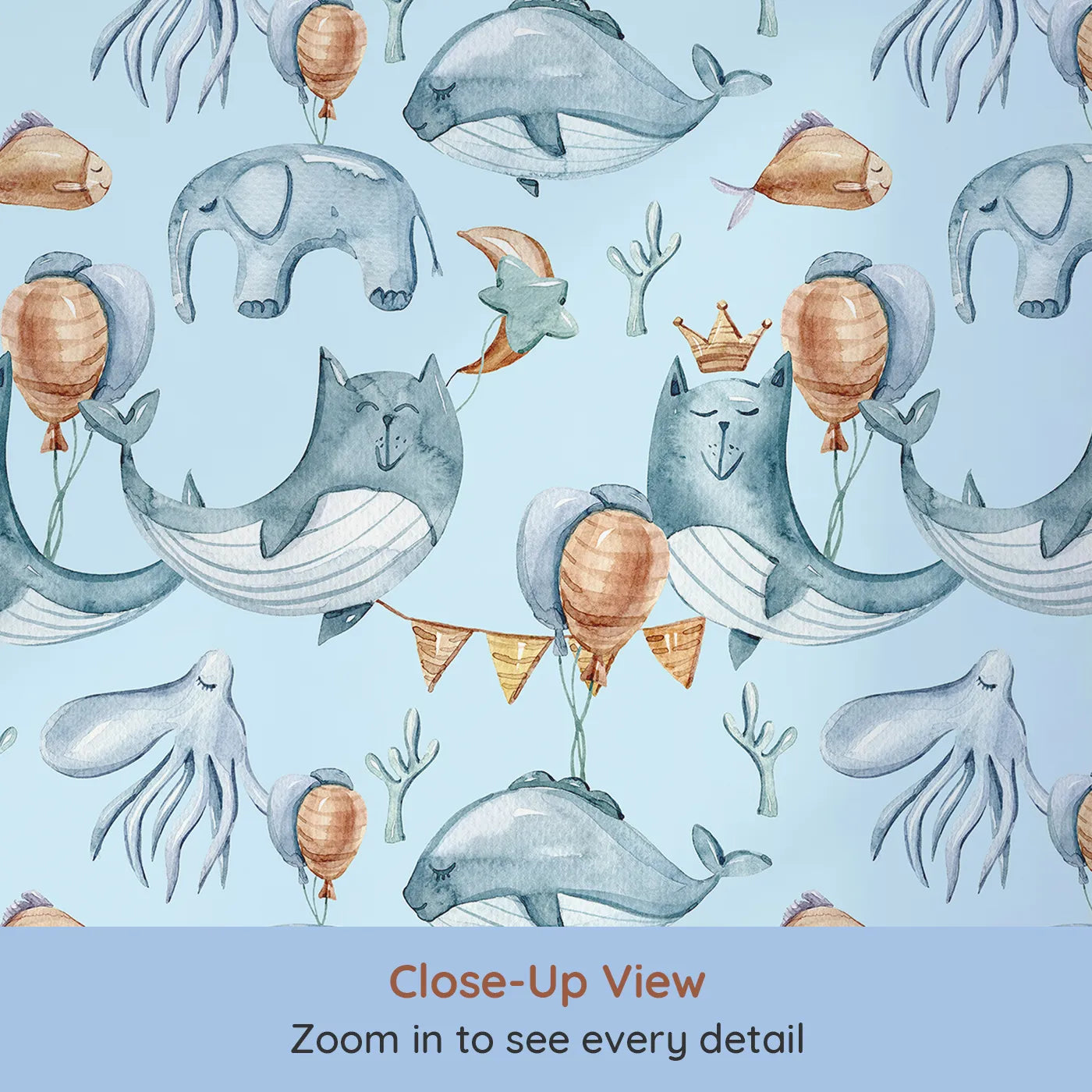 Close-up view of Whimsy Tots' Whale Balloon Parade Wallpaper in Sky Blue (W3276E).Joyful whales float with balloons across a peaceful sky blue sea.