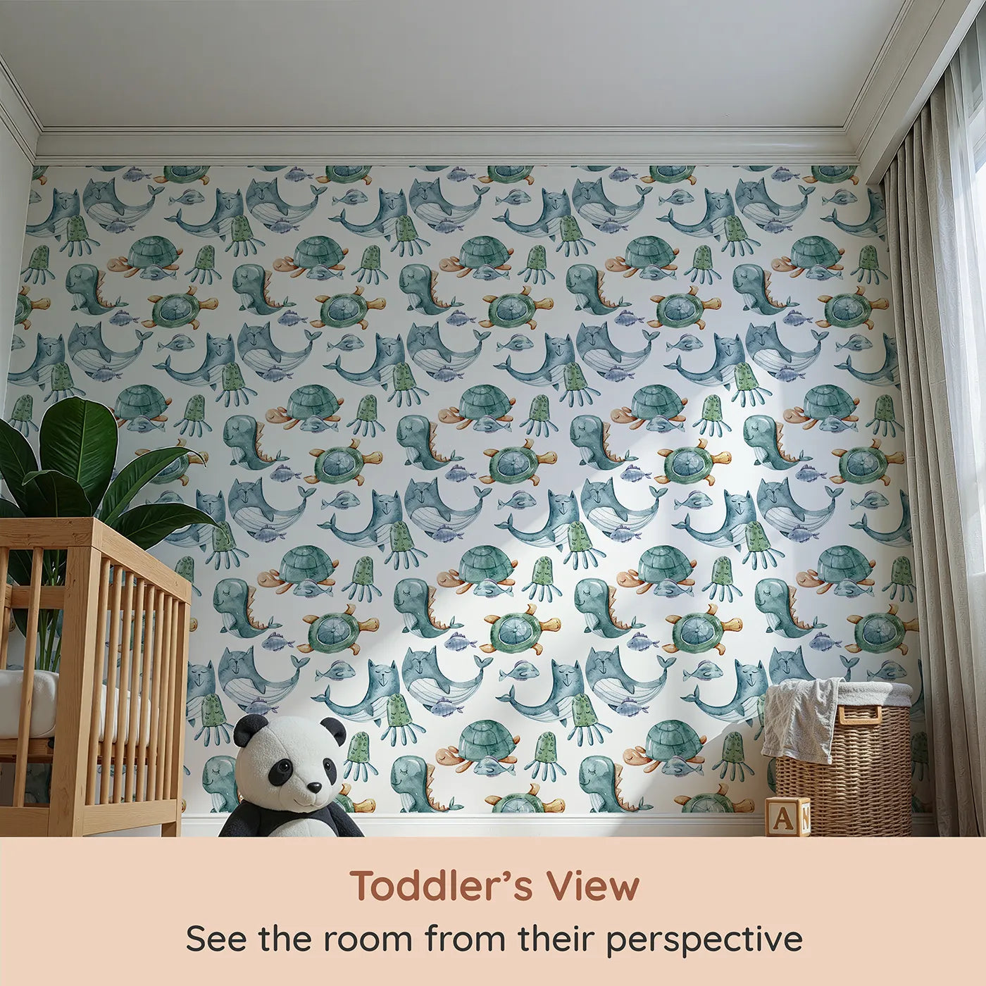 Whimsy Tots Ocean Daydream Creatures Wallpaper in White (W3277A) from your child's view.Turtles, whales, and sea creatures drift in a calm ocean of dreams.