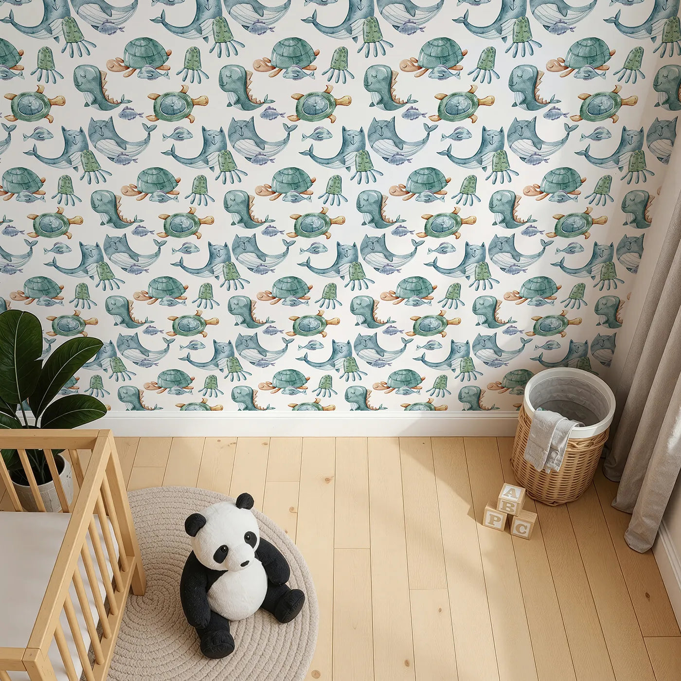 Top-Down view of Whimsy Tots' Ocean Daydream Creatures Wallpaper in White (W3277A).Turtles, whales, and sea creatures drift in a calm ocean of dreams.