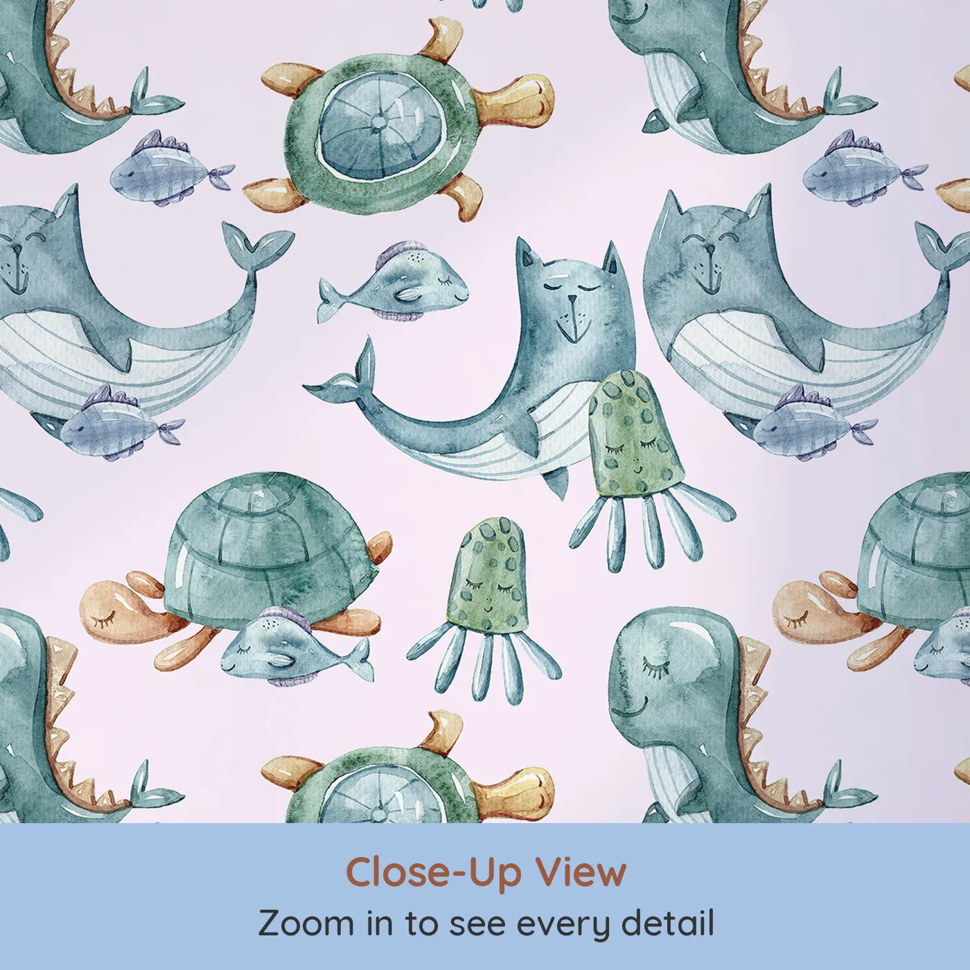 Close-up view of Whimsy Tots' Ocean Daydream Creatures Wallpaper in Blush Pink (W3277B).Whales, turtles, and octopuses float softly through a rosy ocean dream.