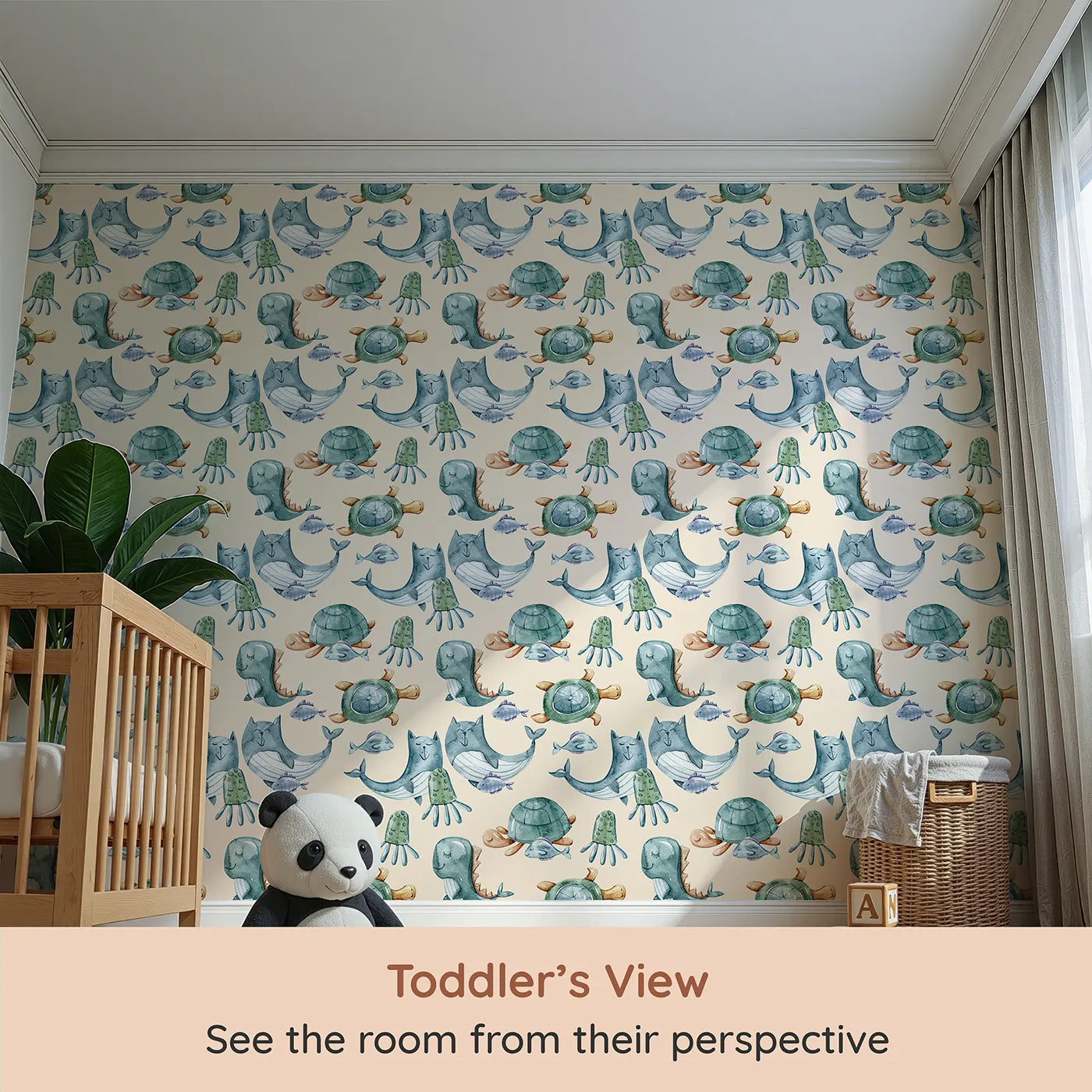 Whimsy Tots Ocean Daydream Creatures Wallpaper in Cream (W3277C) from your child's view.Sea creatures drift peacefully across a soft, creamy underwater dream.