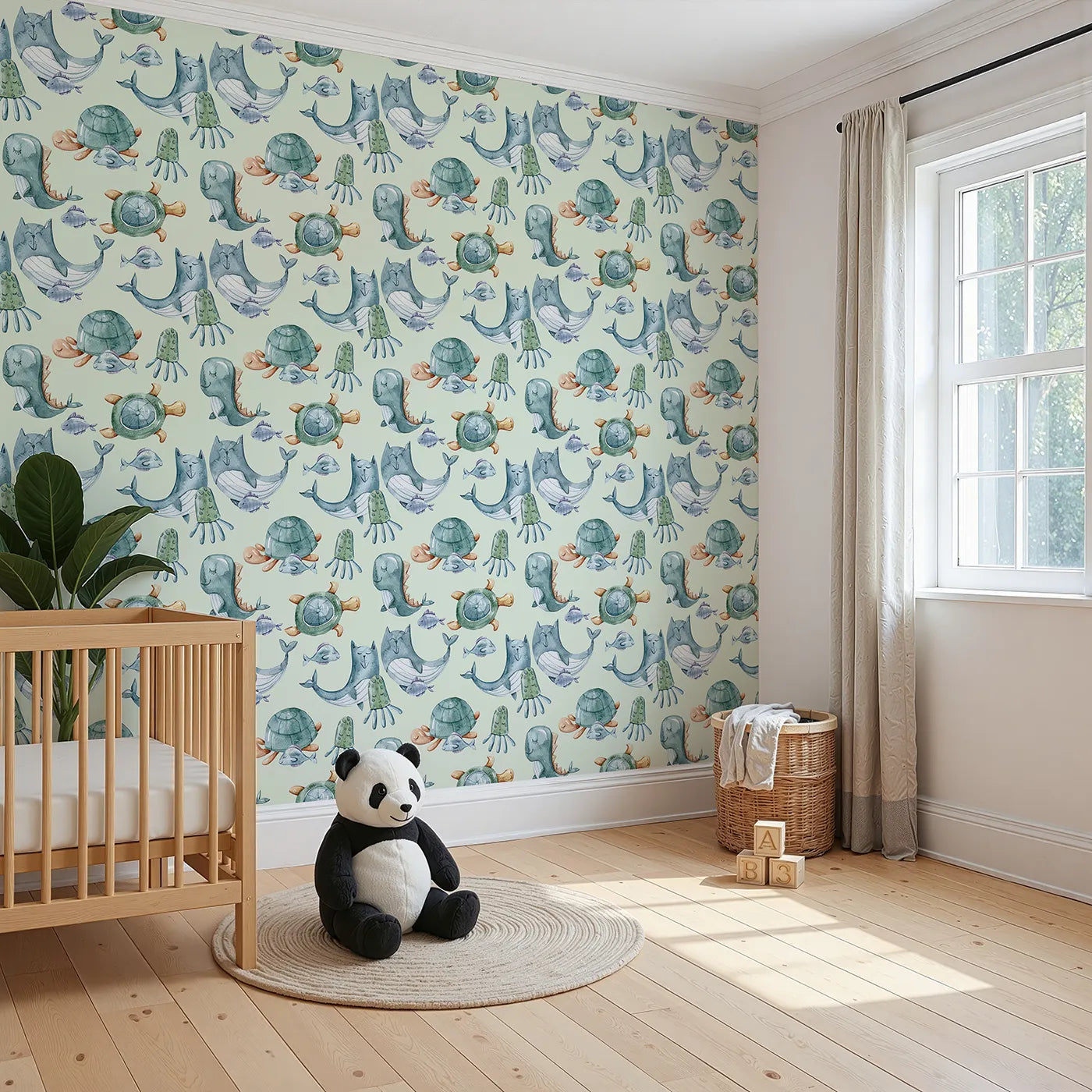 Angled view of Whimsy Tots' Ocean Daydream Creatures Wallpaper in Mint Green (W3277D).Sleepy sea creatures drift through a mint-green ocean of calm.