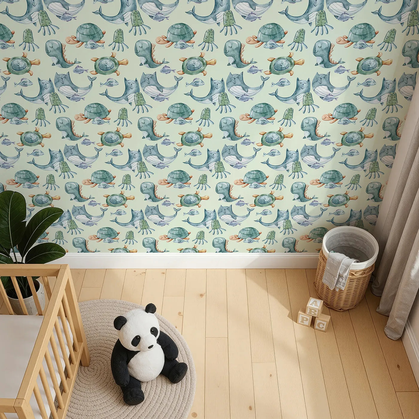 Top-Down view of Whimsy Tots' Ocean Daydream Creatures Wallpaper in Mint Green (W3277D).Sleepy sea creatures drift through a mint-green ocean of calm.