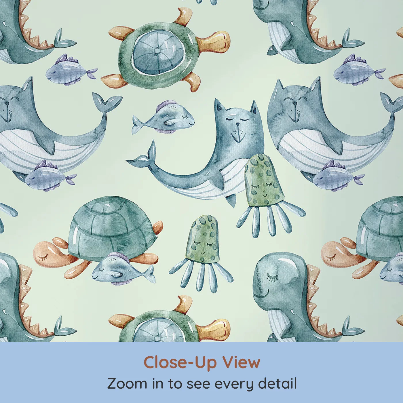 Close-up view of Whimsy Tots' Ocean Daydream Creatures Wallpaper in Mint Green (W3277D).Sleepy sea creatures drift through a mint-green ocean of calm.