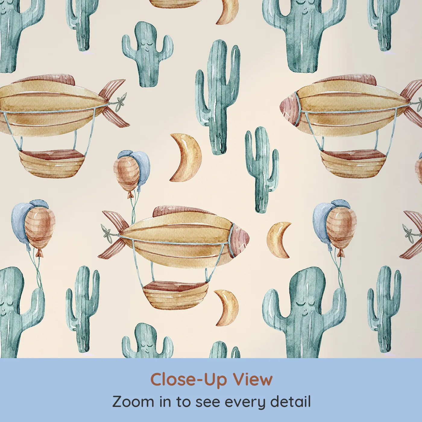 Close-up view of Whimsy Tots' Desert Balloon Voyage Wallpaper in Cream (W3278C).Airships float through a cozy cream sky above smiling cacti and golden moons.