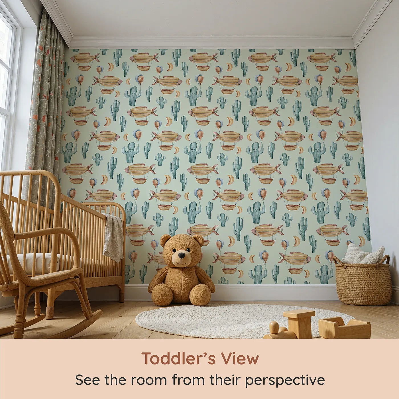 Whimsy Tots Desert Balloon Voyage Wallpaper in Mint Green (W3278D) from your child's view.Cactus balloons, drifting moons, and sky-bound ships float in a minty dream.
