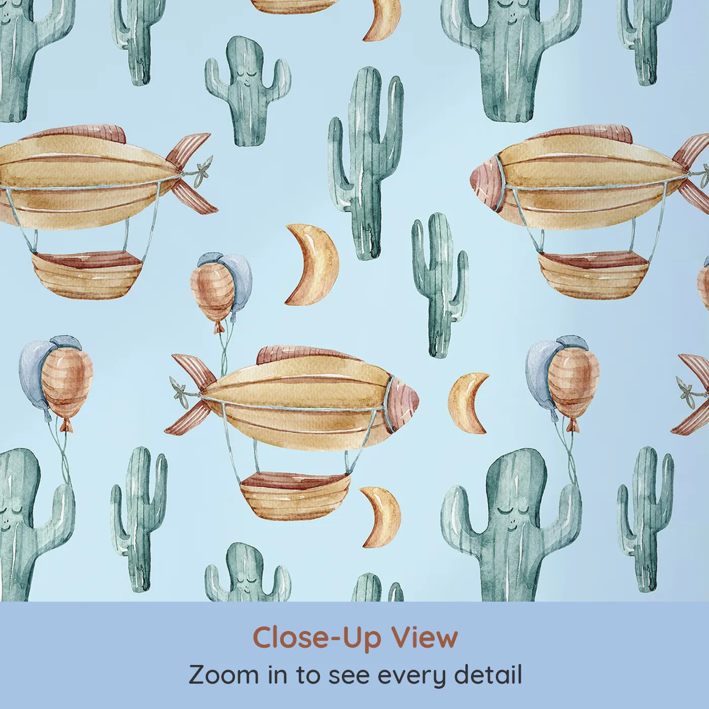 Close-up view of Whimsy Tots' Desert Balloon Voyage Wallpaper in Blue (W3278E).Floating airships and gentle cacti drift through a watercolor desert sky.