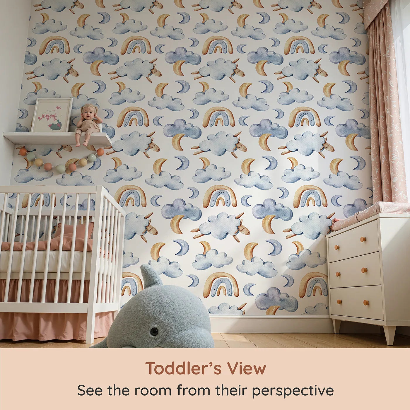 Whimsy Tots Sleepy Skies Wallpaper in White (W3279A) from your child's view.Floating sheep, sleepy moons, and watercolor rainbows drift through soft skies.