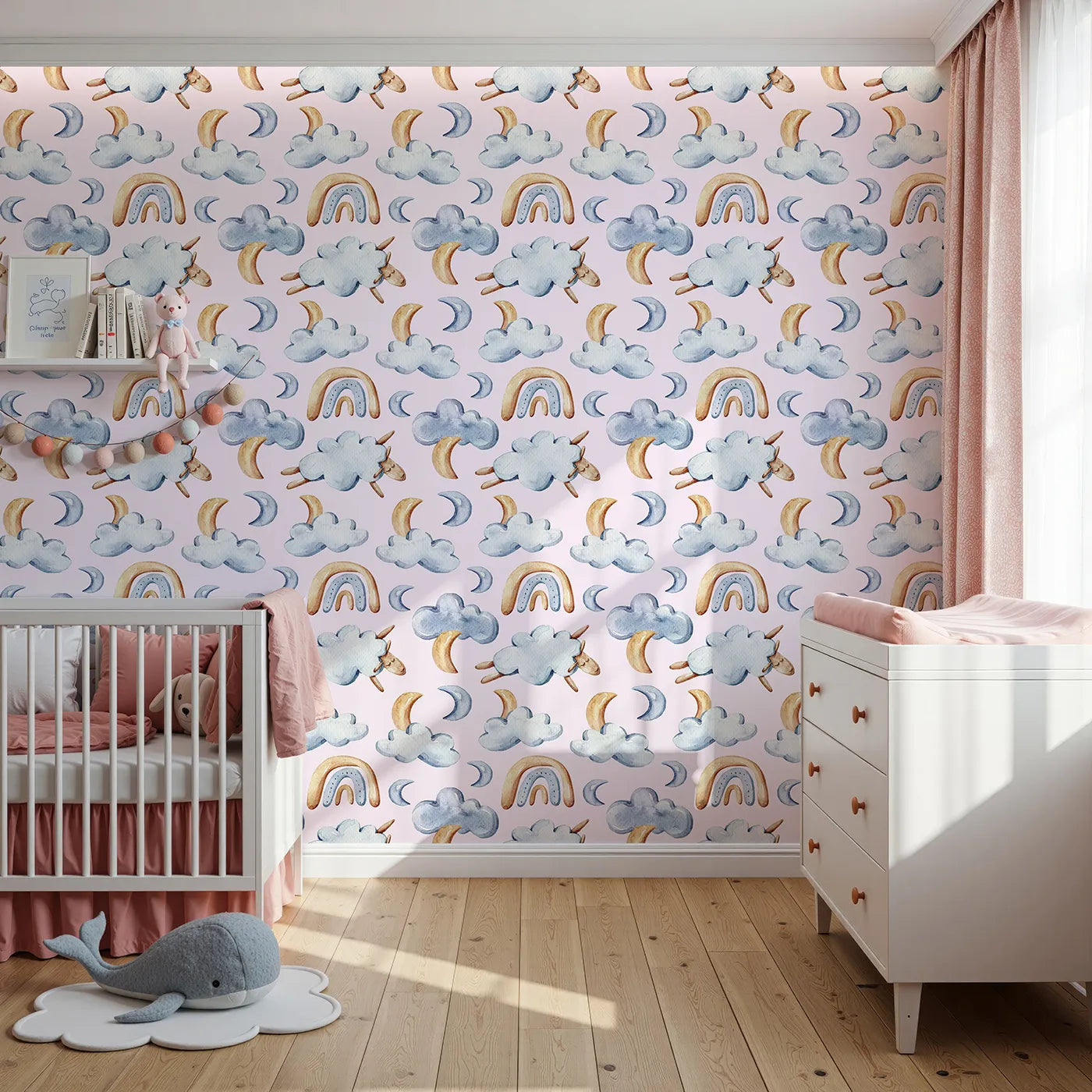 Front view of Whimsy Tots' Sleepy Skies Wallpaper in Blush Pink