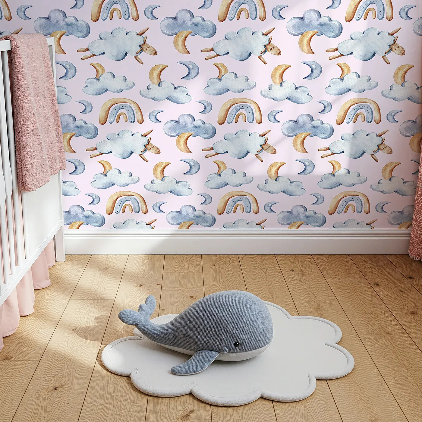 Top-Down view of Whimsy Tots' Sleepy Skies Wallpaper in Blush Pink (W3279B).Crescent moons and cozy sheep float through a soft pink sky of dreams.