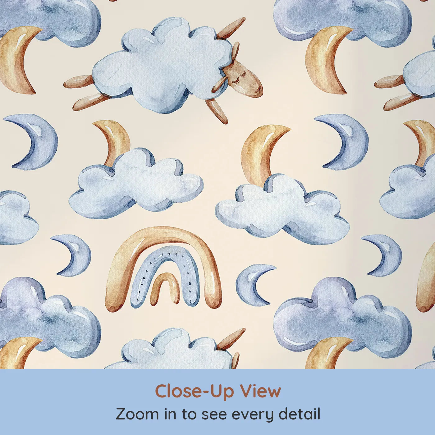 Close-up view of Whimsy Tots' Sleepy Skies Wallpaper in Cream (W3279C).Soft clouds and sleepy sheep float through a warm and cozy cream sky.