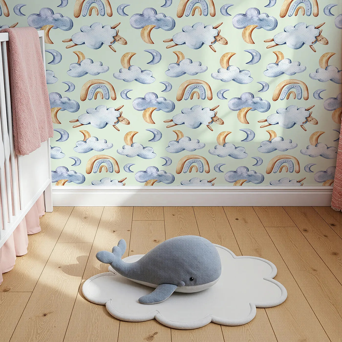 Top-Down view of Whimsy Tots' Sleepy Skies Wallpaper in Mint Green (W3279D).Watercolor moons and fluffy sheep drift through a soft mint sky.