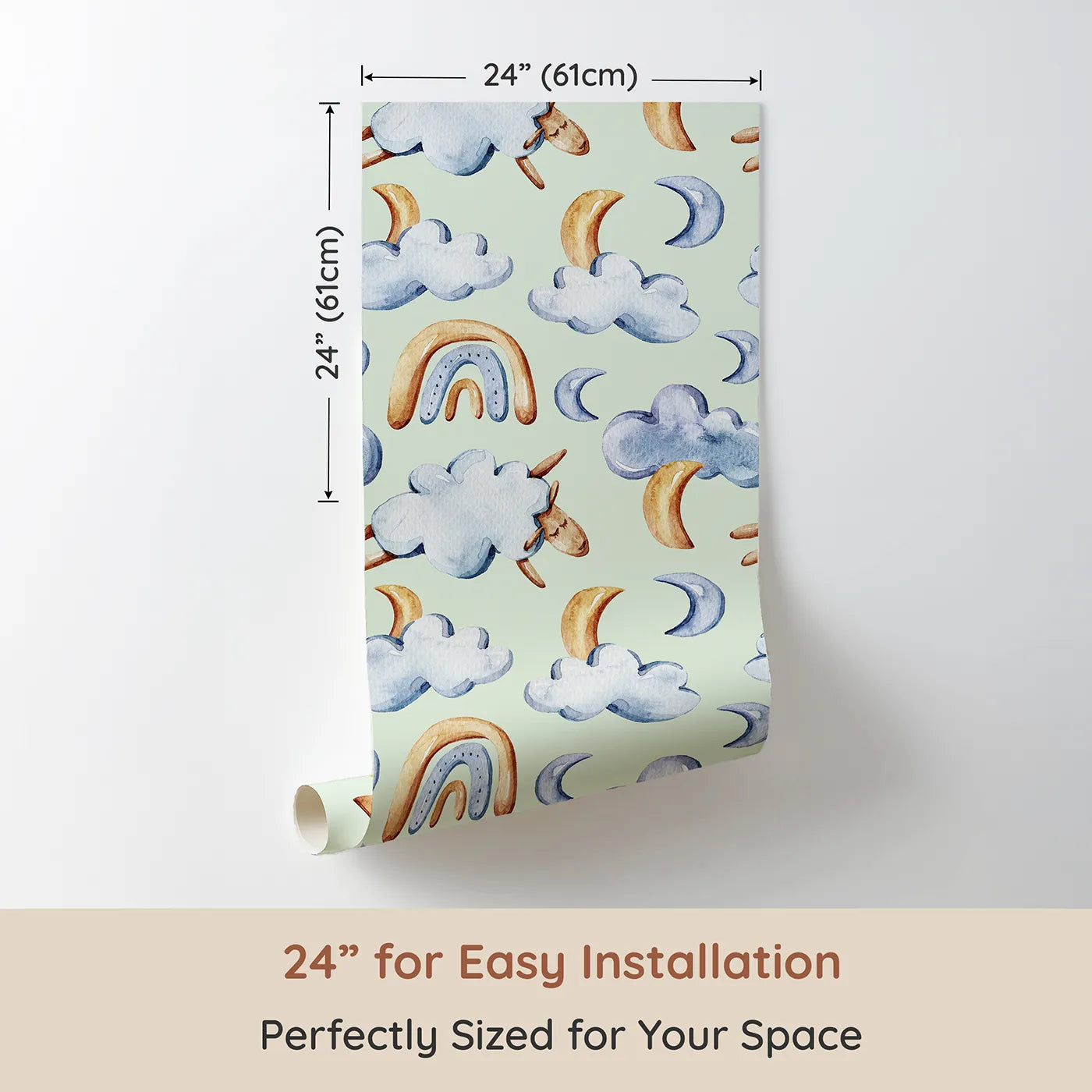 Dimension view of Whimsy Tots Sleepy Skies Wallpaper in Mint Green (W3279D). Printed in 24-inch-wide panel for easy installation. Watercolor moons and fluffy sheep drift through a soft mint sky.