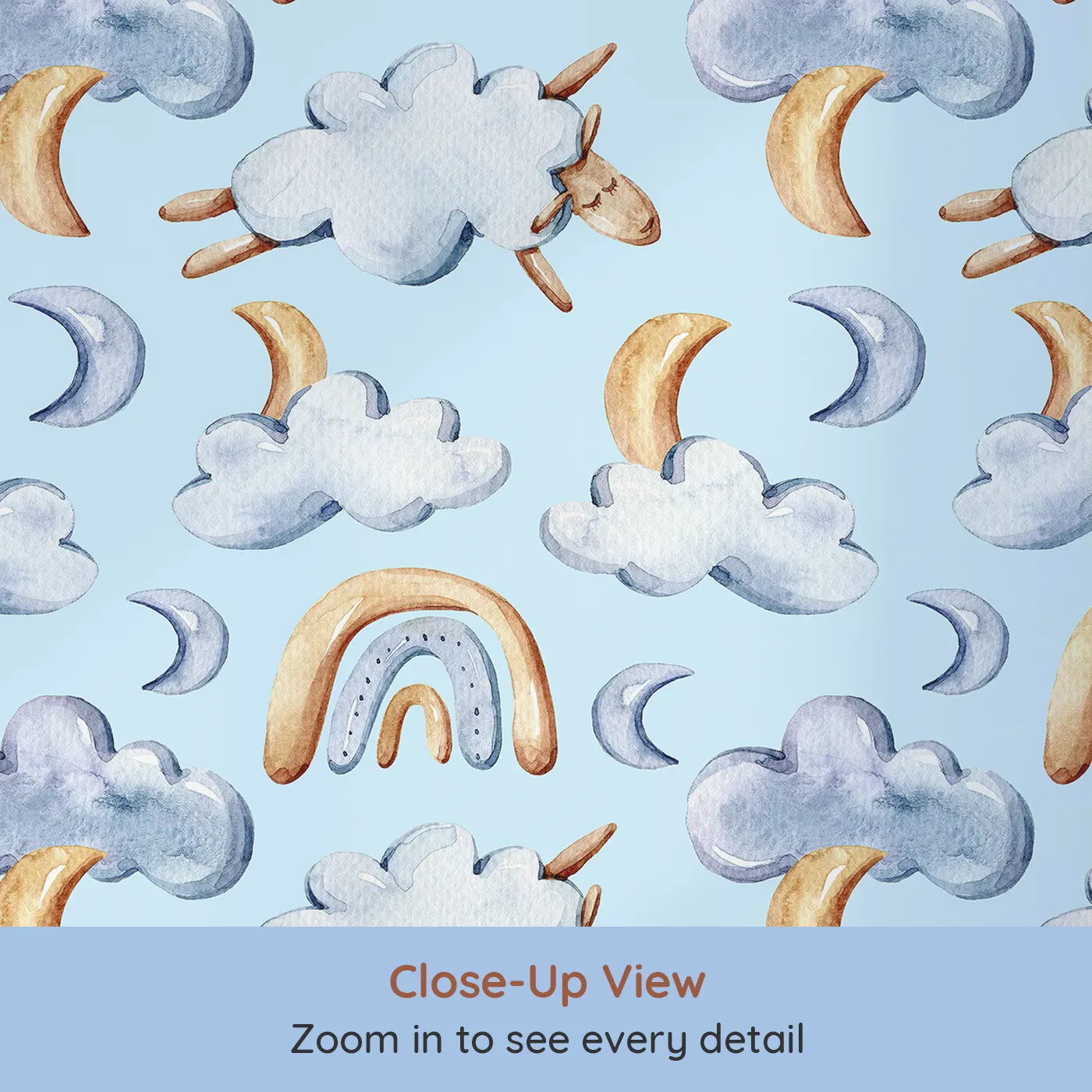 Close-up view of Whimsy Tots' Sleepy Skies Wallpaper in Blue (W3279E).Drift into dreamland with floating sheep and sleepy moons in soft sky blues.