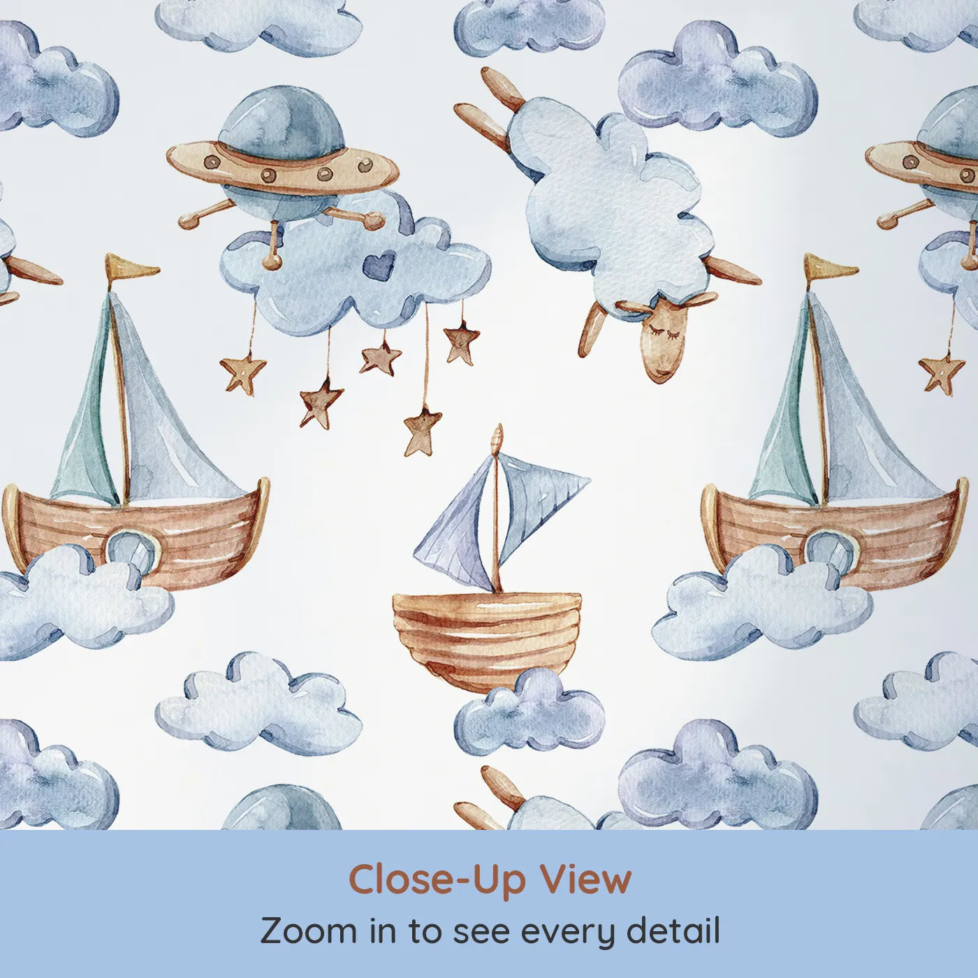 Close-up view of Whimsy Tots' Cloud Sailor Dreams Wallpaper in White (W3280A).Wooden boats, sleepy sheep, and floating clouds set sail across a dreamy sky.