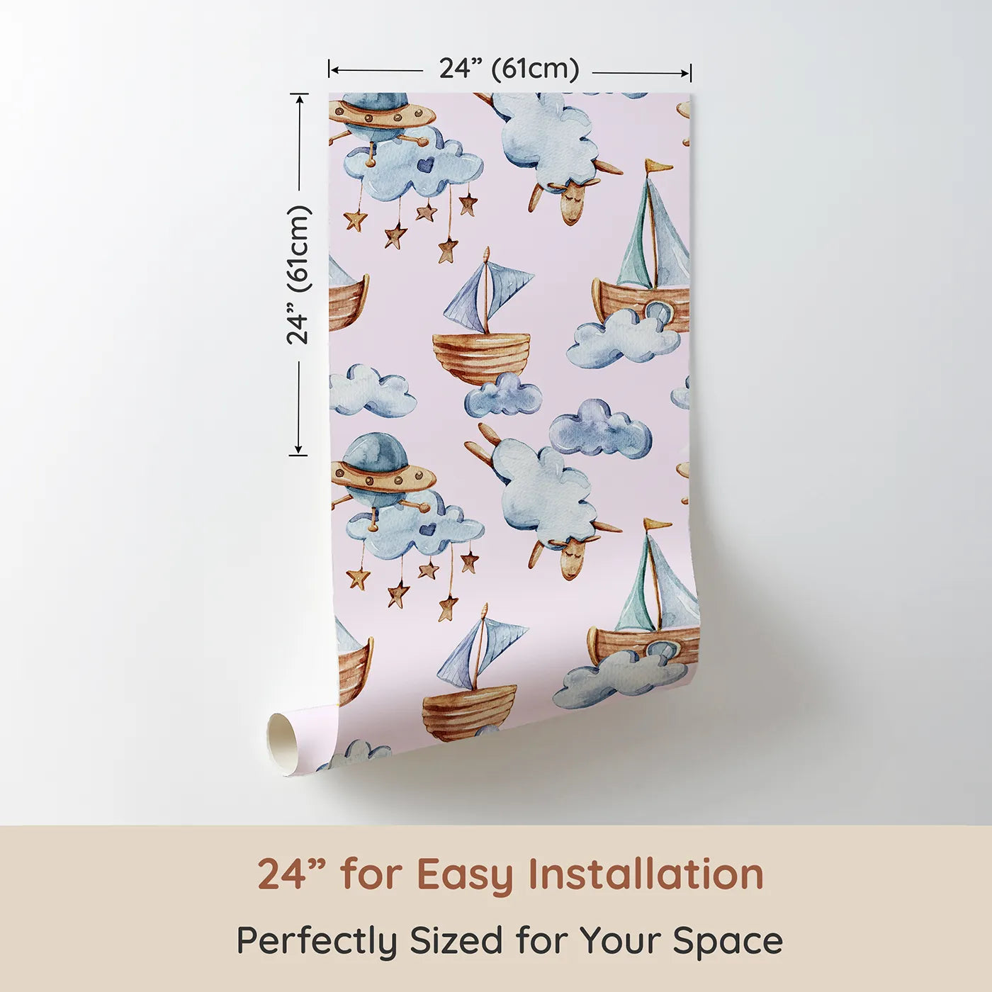 Dimension view of Whimsy Tots Cloud Sailor Dreams Wallpaper in Blush Pink (W3280B). Printed in 24-inch-wide panel for easy installation. Wooden boats and dreamy sheep drift across a blush-pink sky full of stars.