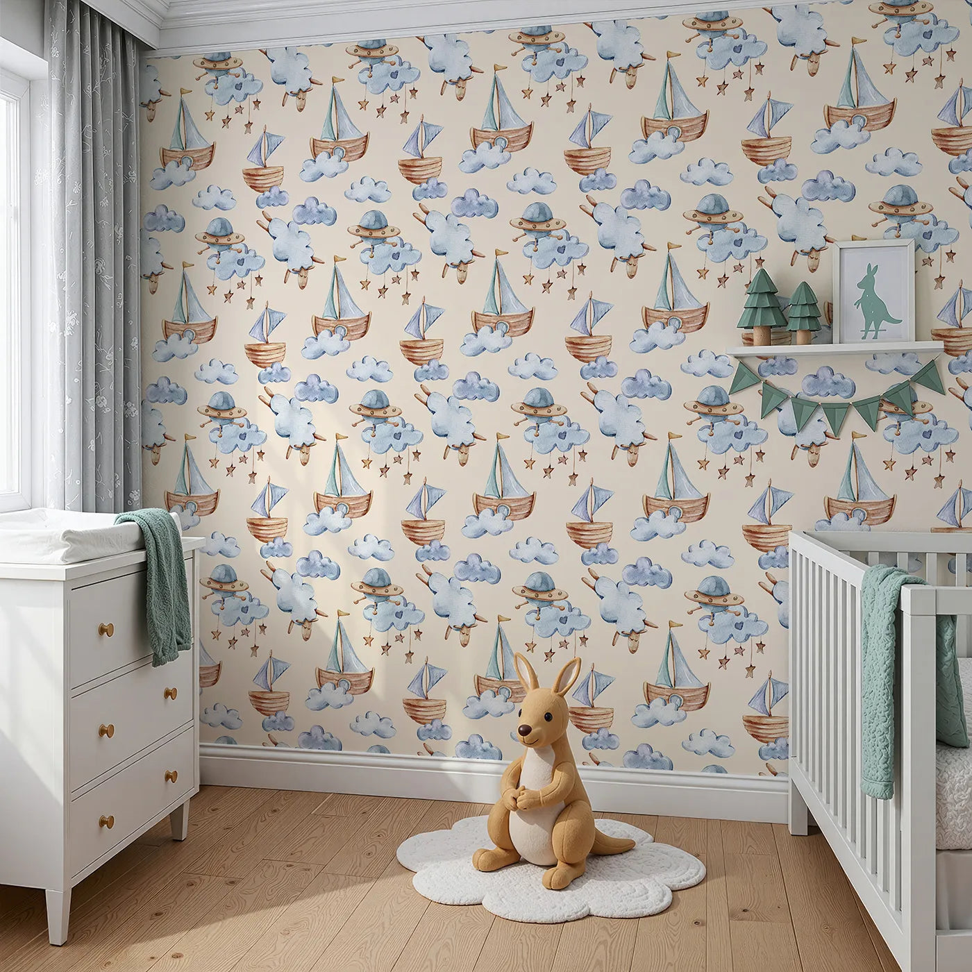 Angled view of Whimsy Tots' Cloud Sailor Dreams Wallpaper in Cream (W3280C).Star mobiles and storybook ships float through a cozy cream sky.