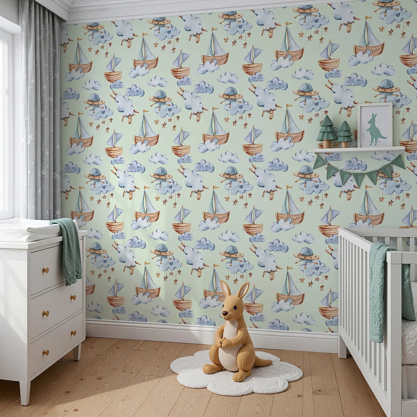 Angled view of Whimsy Tots' Cloud Sailor Dreams Wallpaper in Mint Green (W3280D).Sailboats and starlit clouds float gently across a minty sky of dreams.